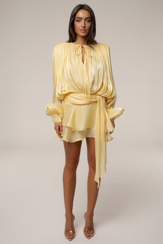 Yellow Pure Glow Draped Mini Dress JLUXLABEL