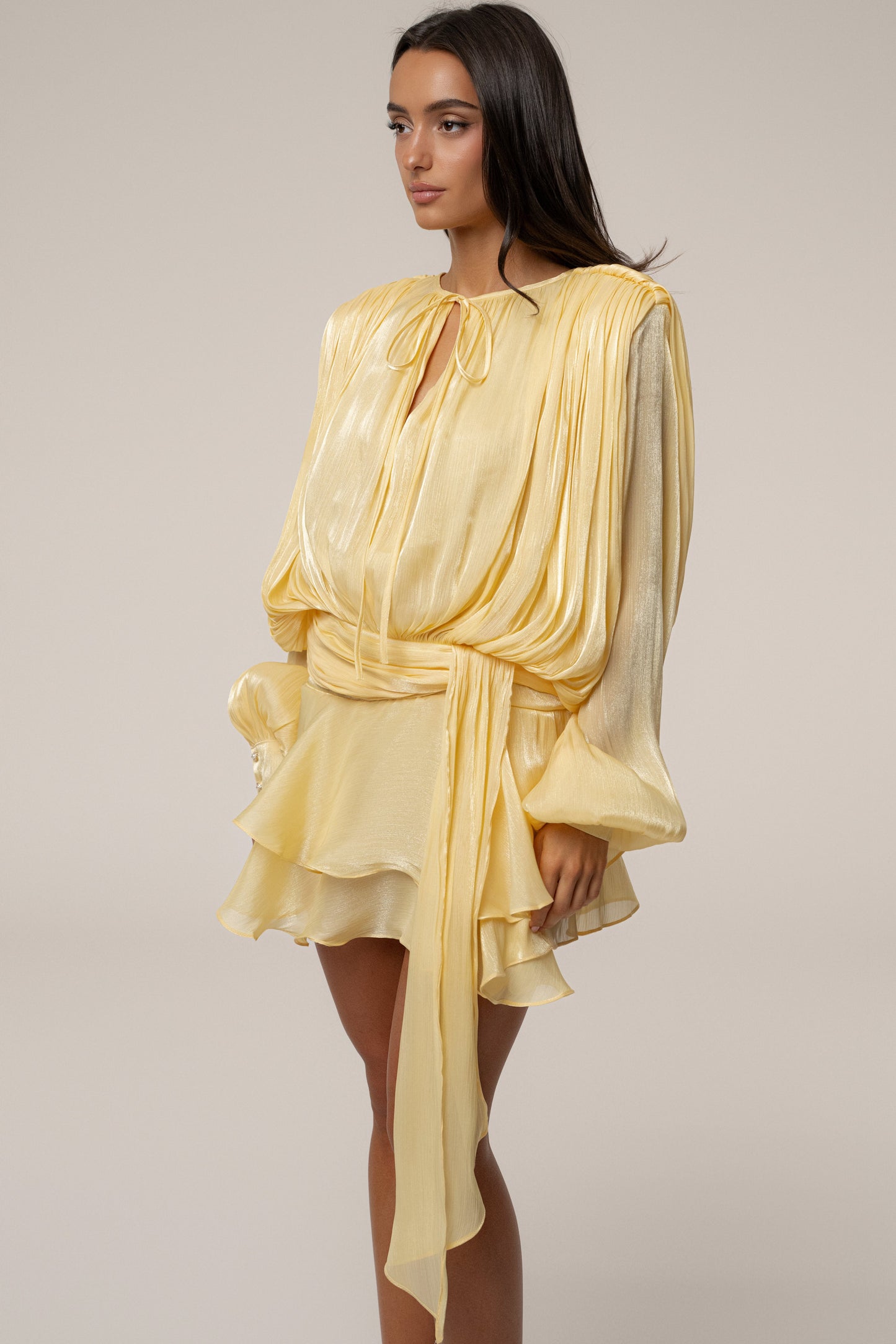Yellow Pure Glow Draped Mini Dress JLUXLABEL