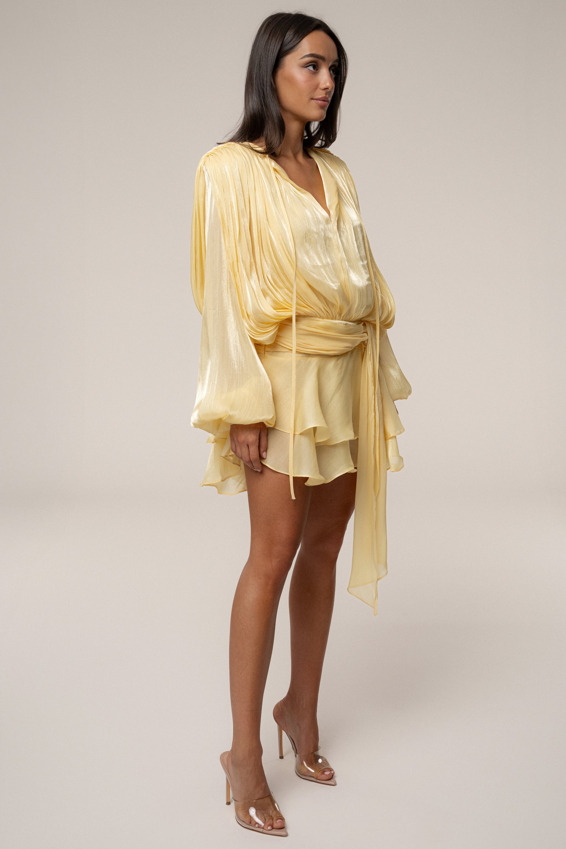 Yellow Pure Glow Draped Mini Dress JLUXLABEL