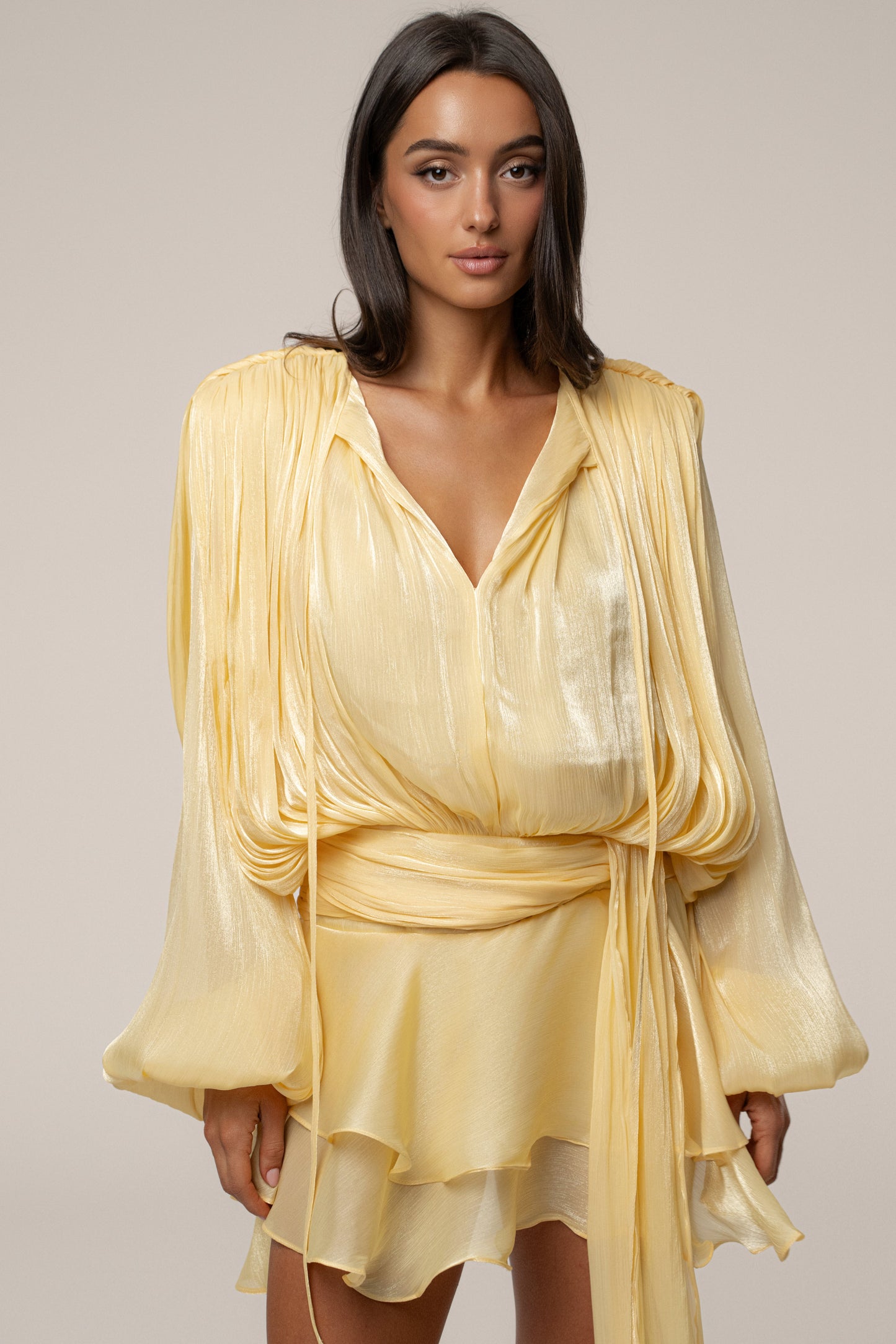 Yellow Pure Glow Draped Mini Dress JLUXLABEL