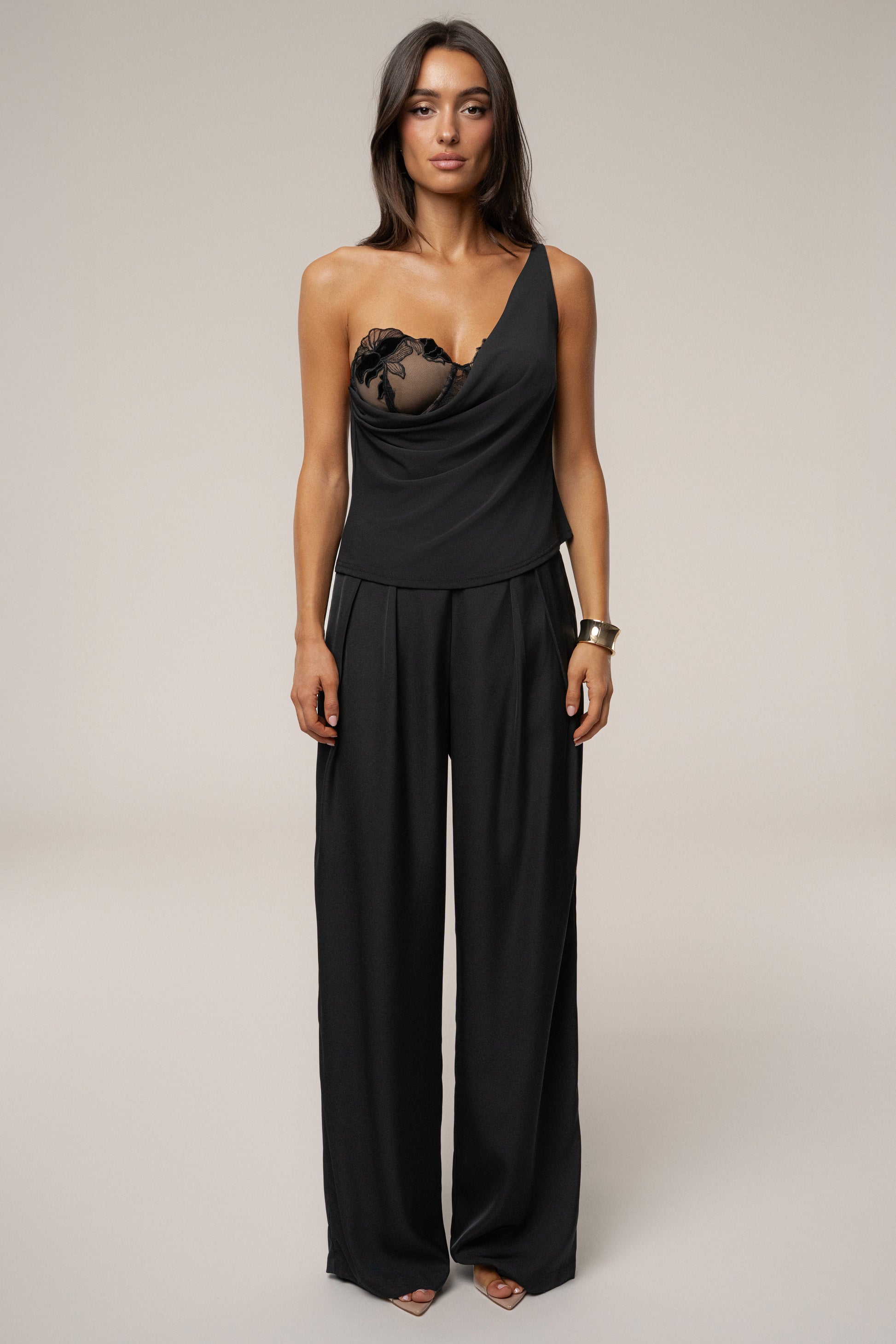 Black Velina Satin Cowl Top JLUXLABEL