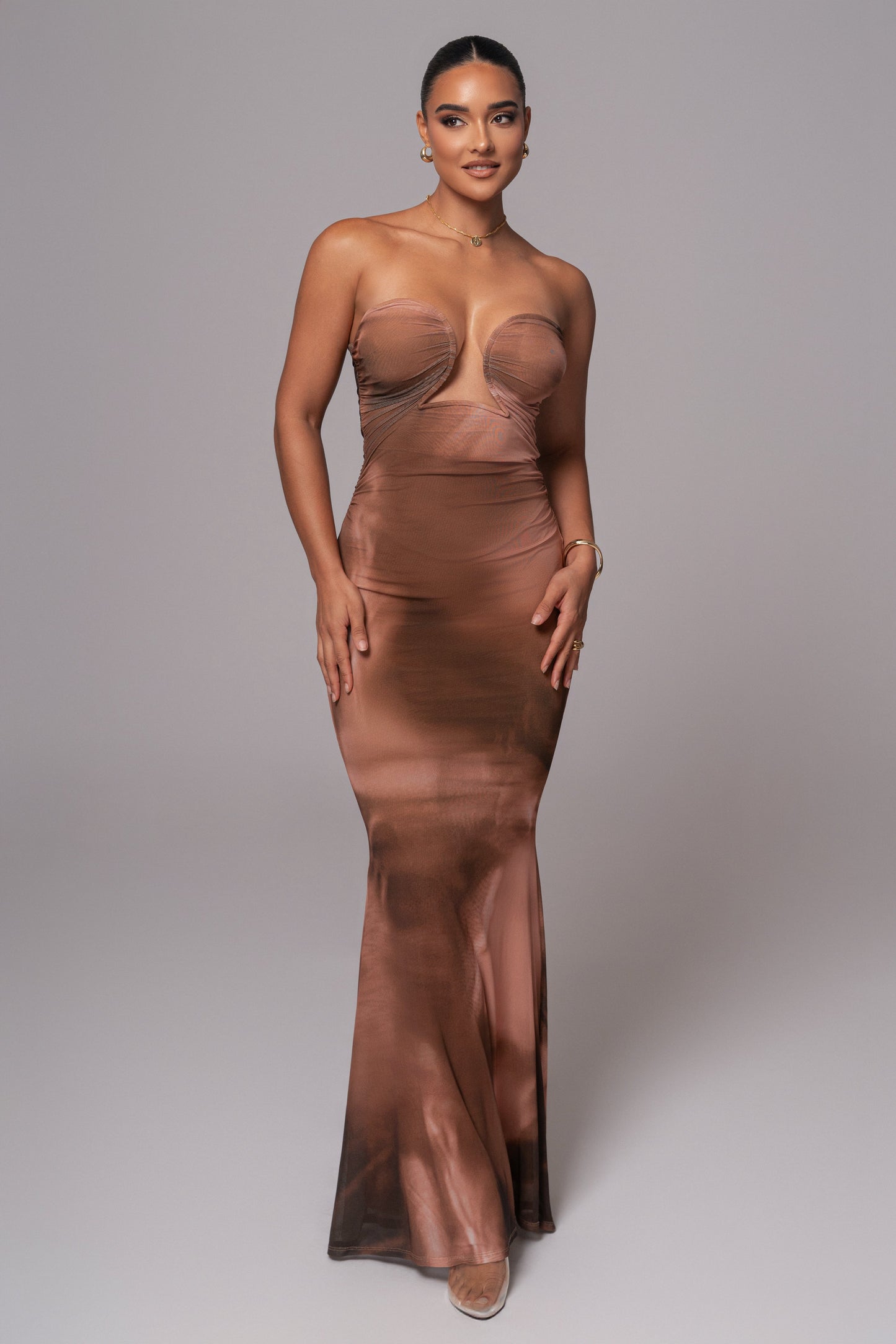 Brown Abstract Bethany Strapless Maxi Dress JLUXLABEL