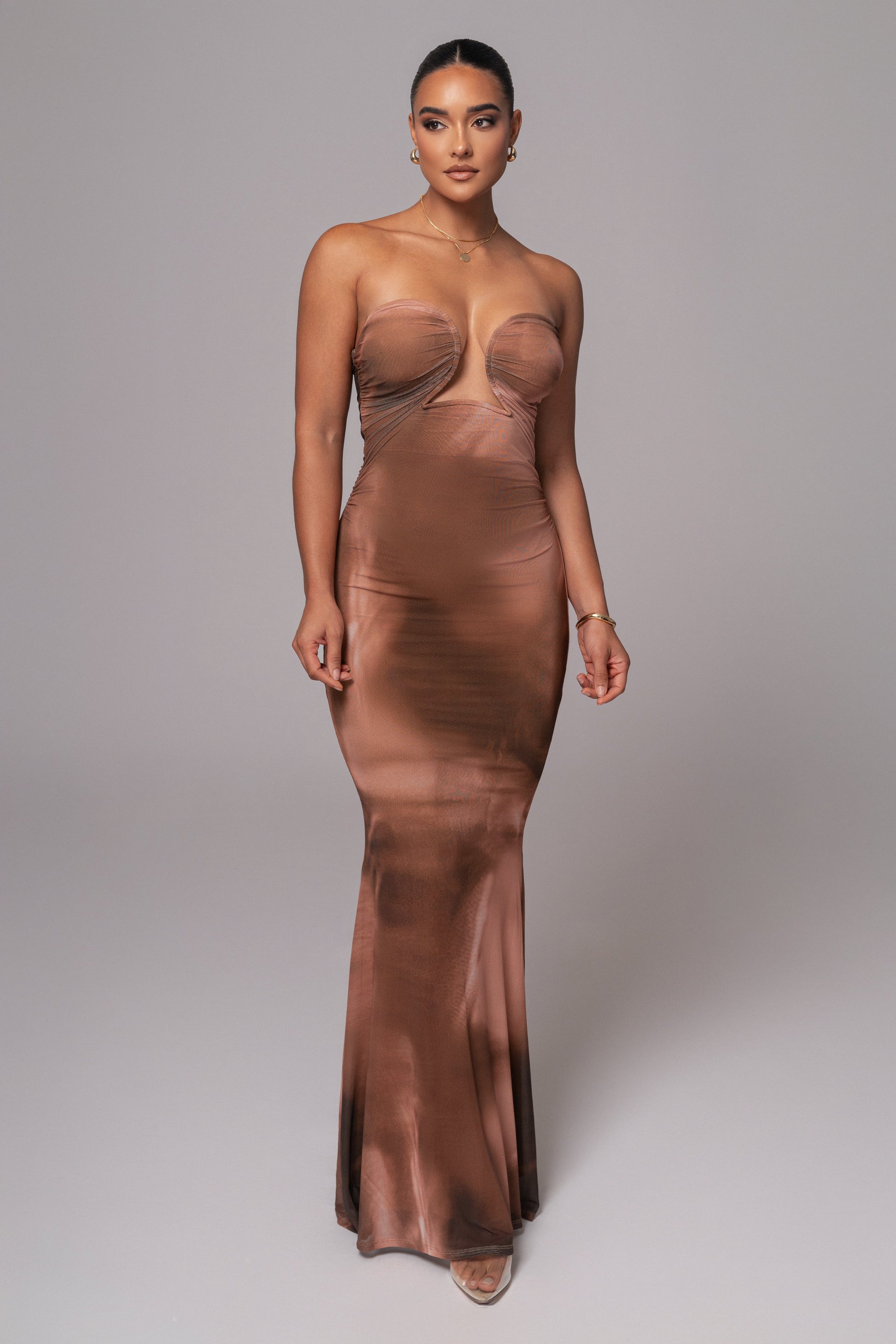 Brown Abstract Bethany Strapless Maxi Dress JLUXLABEL