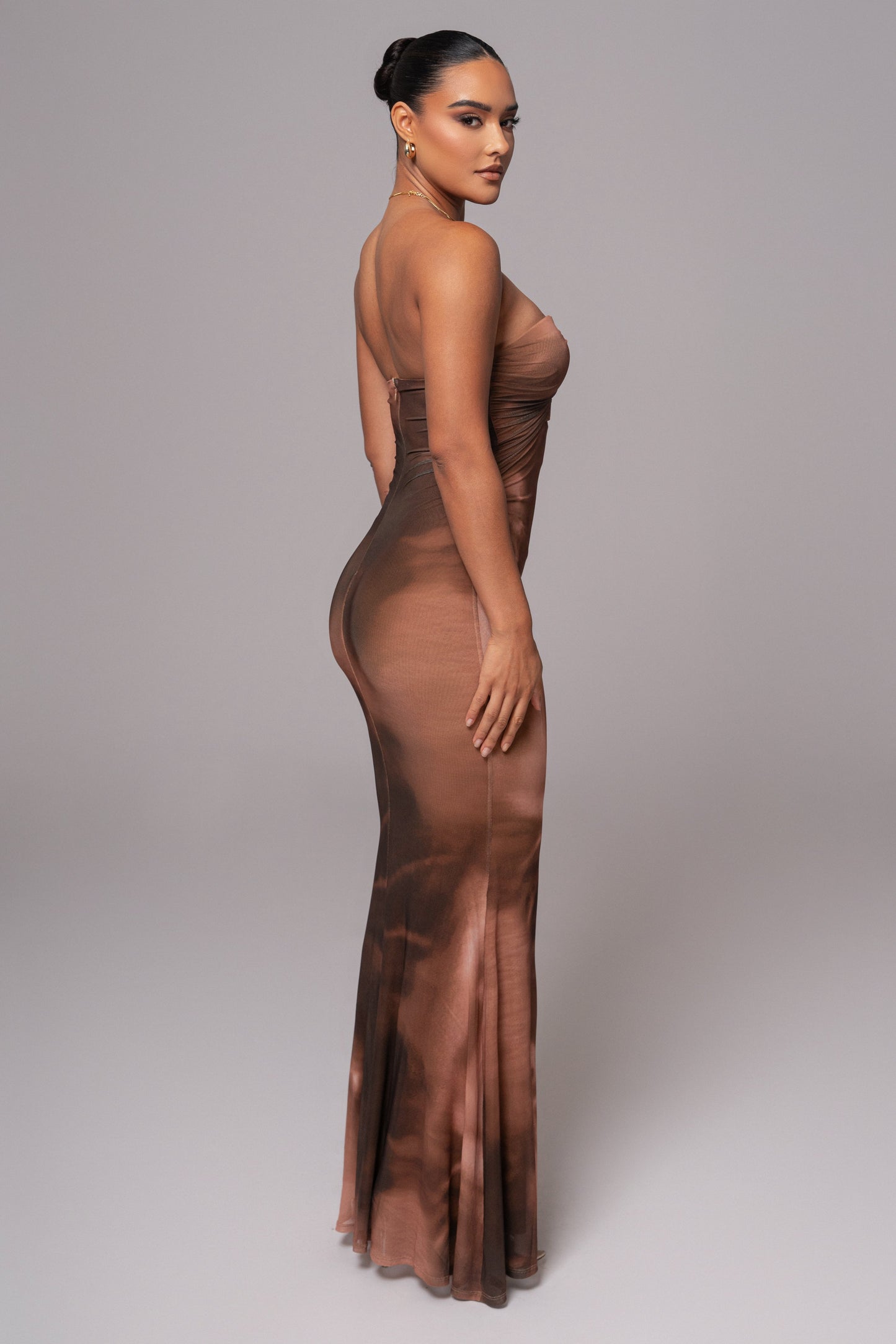 Brown Abstract Bethany Strapless Maxi Dress JLUXLABEL