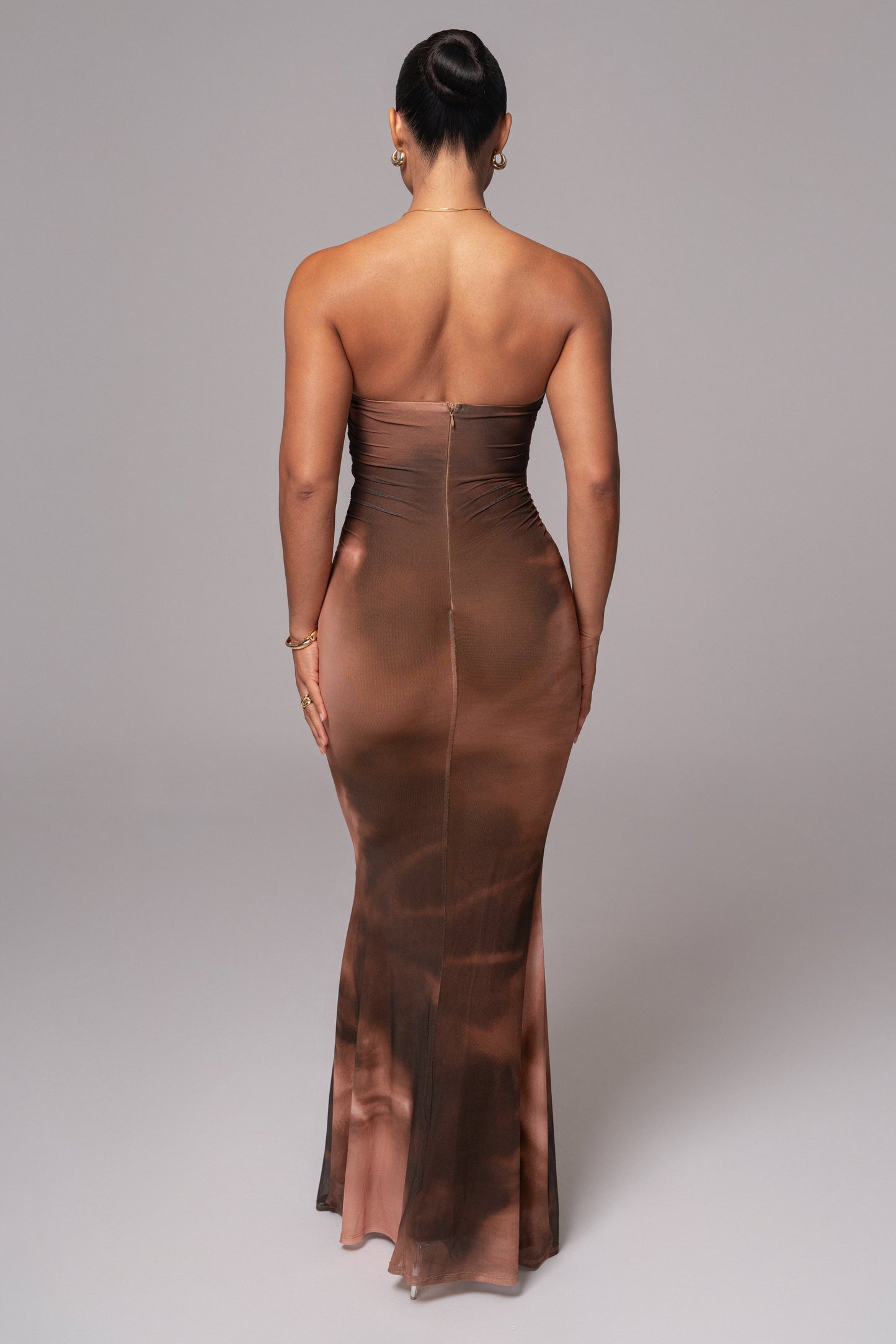 Brown Abstract Bethany Strapless Maxi Dress JLUXLABEL