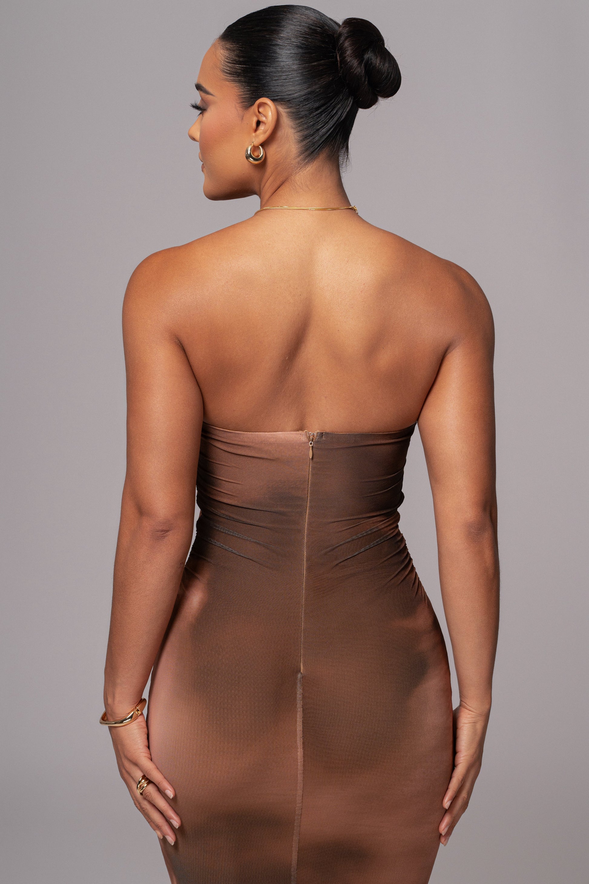 Brown Abstract Bethany Strapless Maxi Dress JLUXLABEL