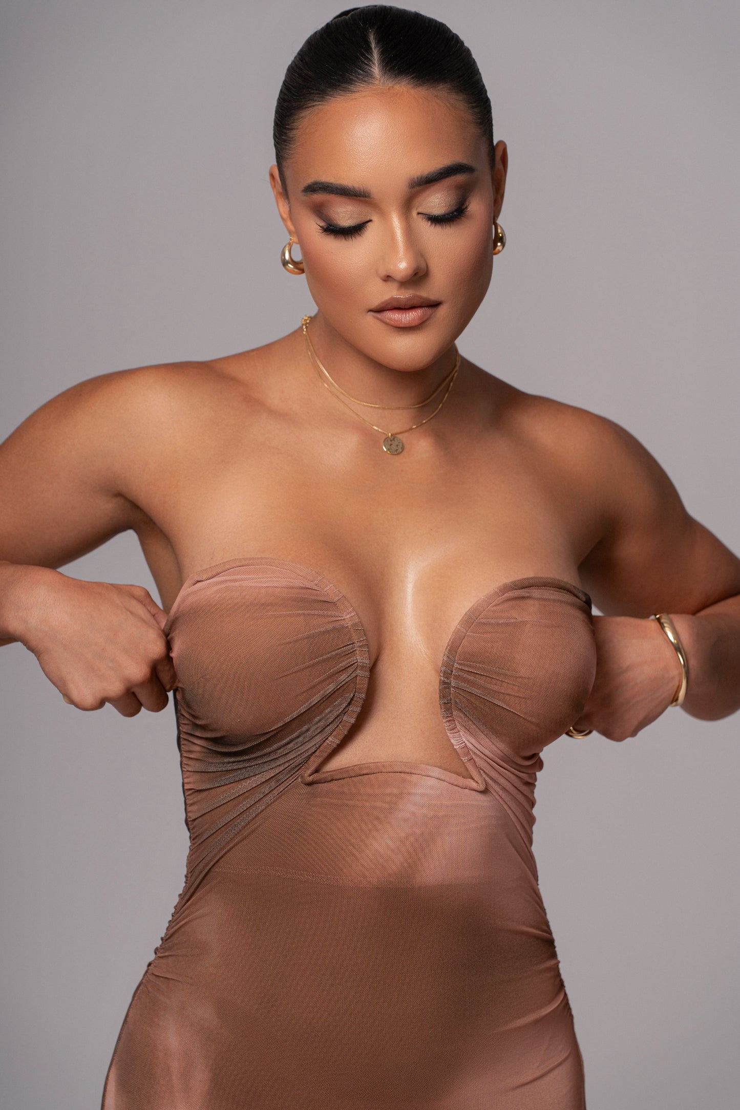 Brown Abstract Bethany Strapless Maxi Dress JLUXLABEL