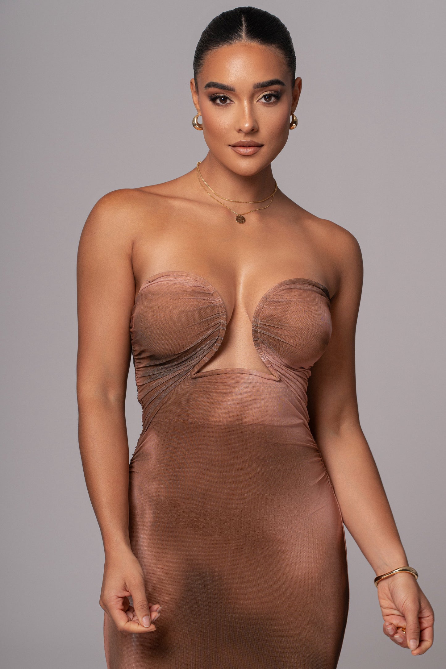 Brown Abstract Bethany Strapless Maxi Dress JLUXLABEL