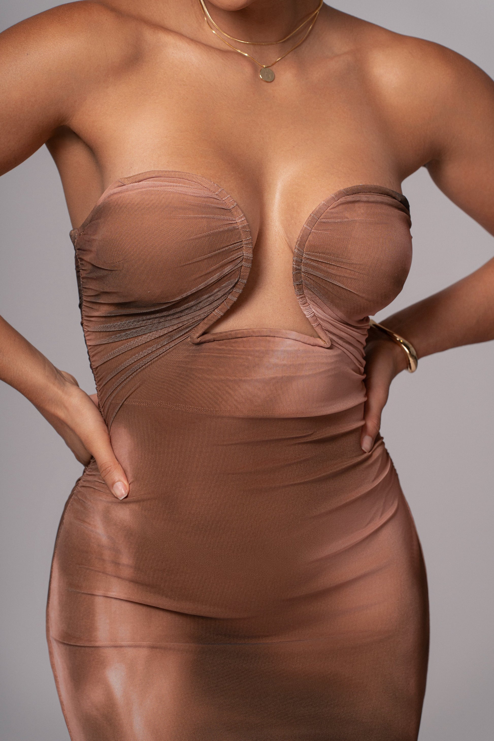Brown Abstract Bethany Strapless Maxi Dress JLUXLABEL