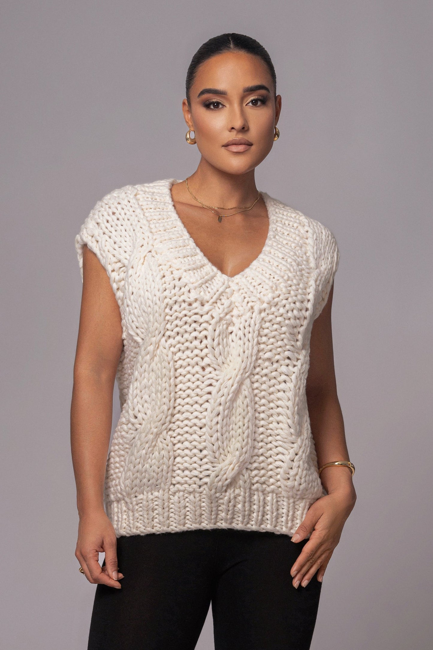 Ivory Mari Cable Knit Vest JLUXLABEL
