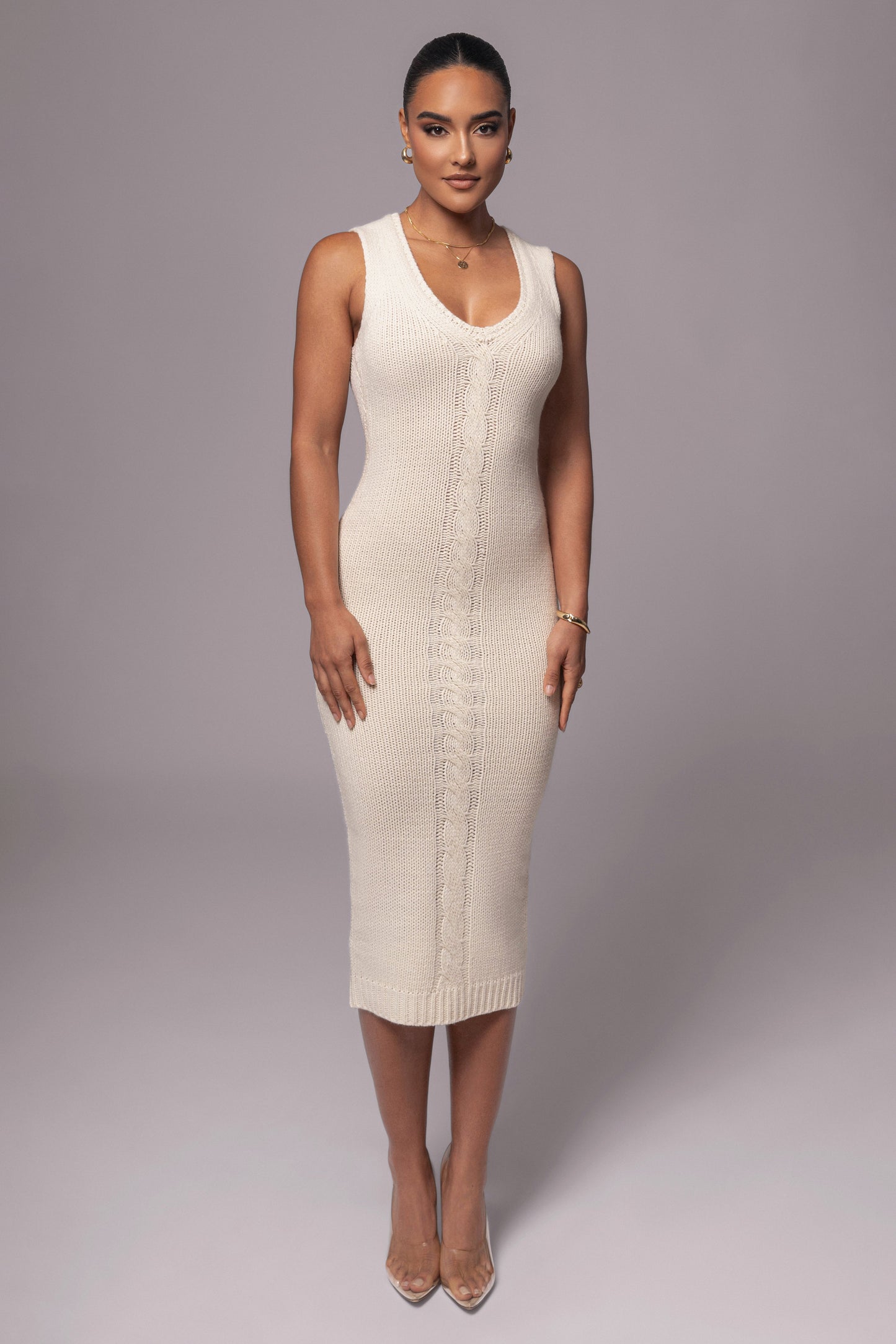 Ivory Sleeveless Cable Knit Dress JLUXLABEL