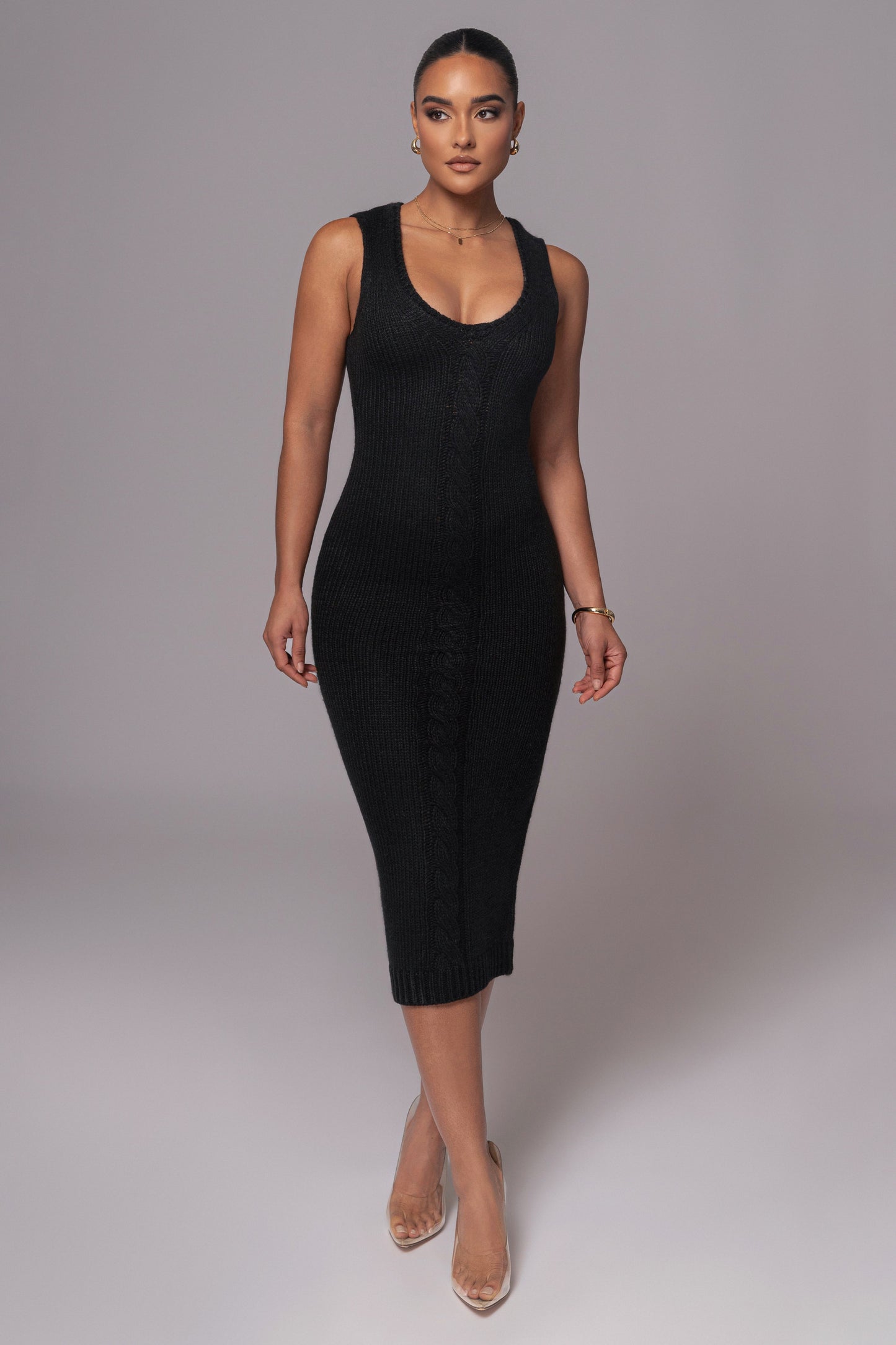 Black Sleeveless Cable Knit Dress JLUXLABEL