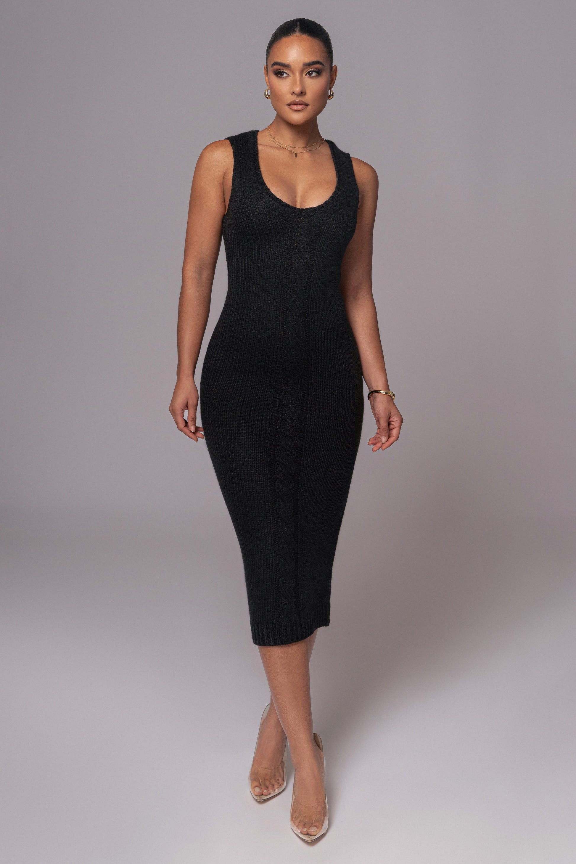 Black Sleeveless Cable Knit Dress JLUXLABEL