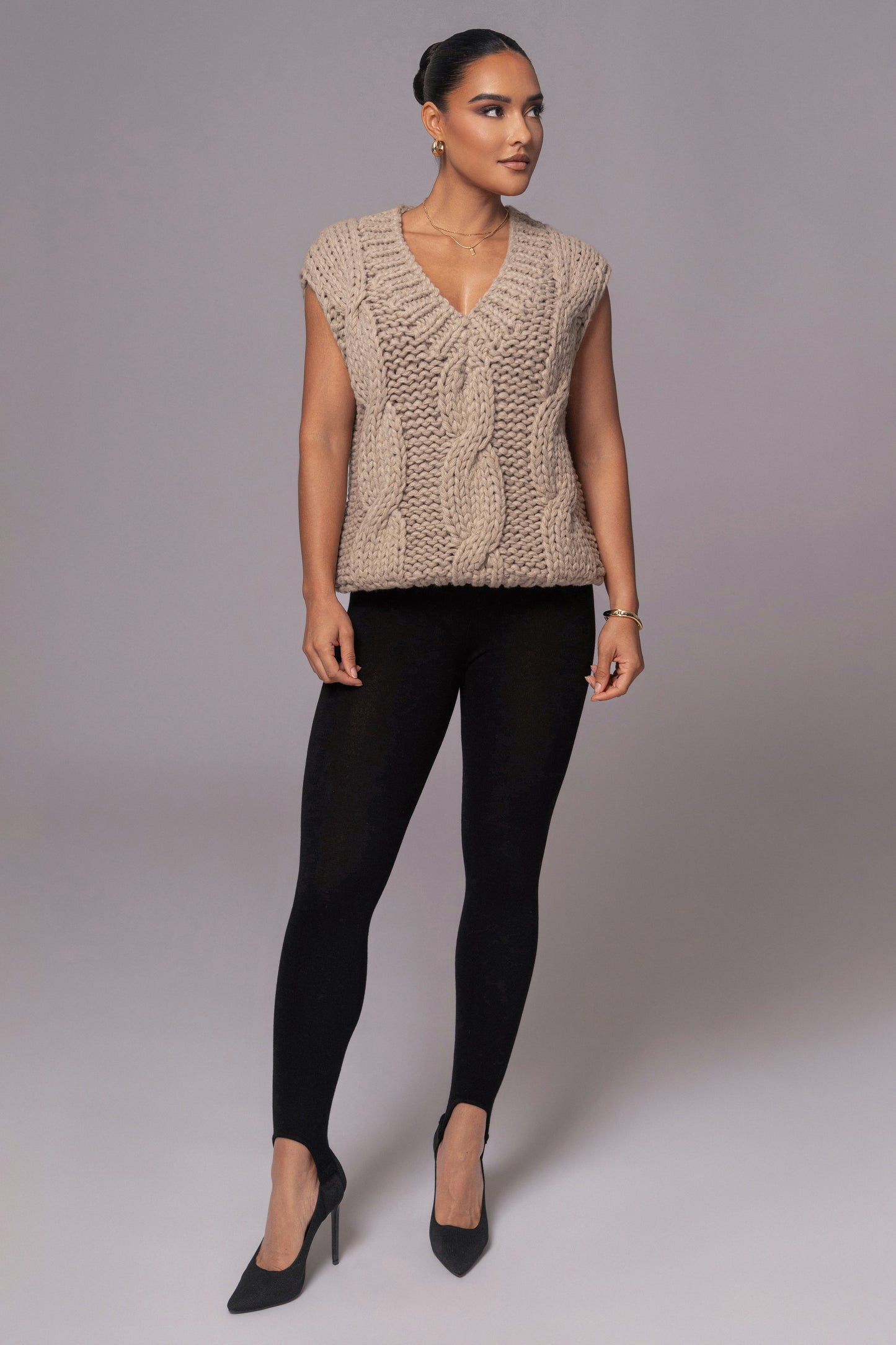 Taupe Mari Cable Knit Vest JLUXLABEL