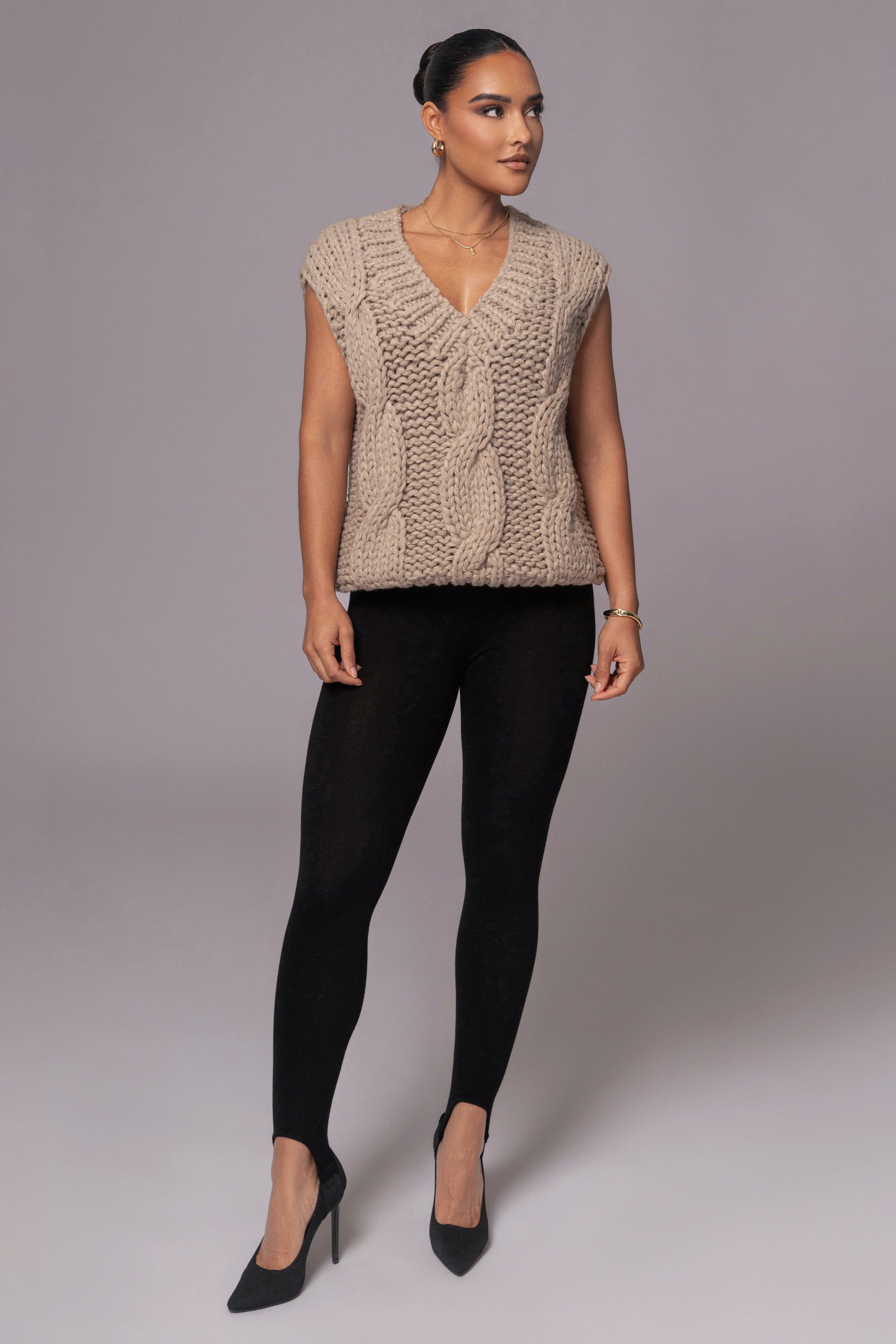 Taupe Mari Cable Knit Vest JLUXLABEL