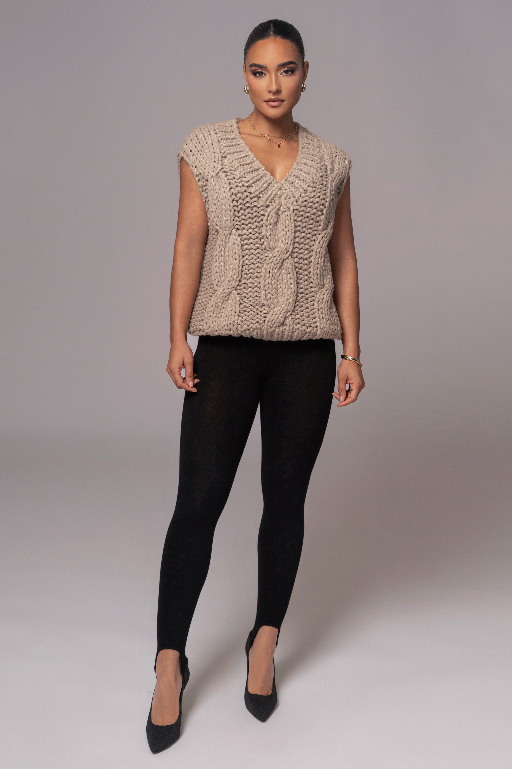 Taupe Mari Cable Knit Vest JLUXLABEL