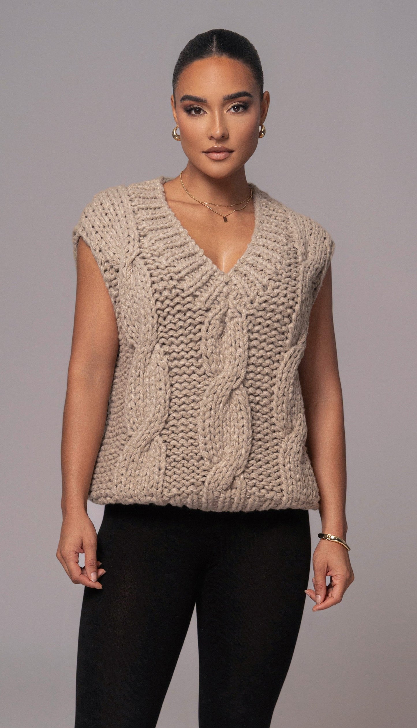 Taupe Mari Cable Knit Vest JLUXLABEL