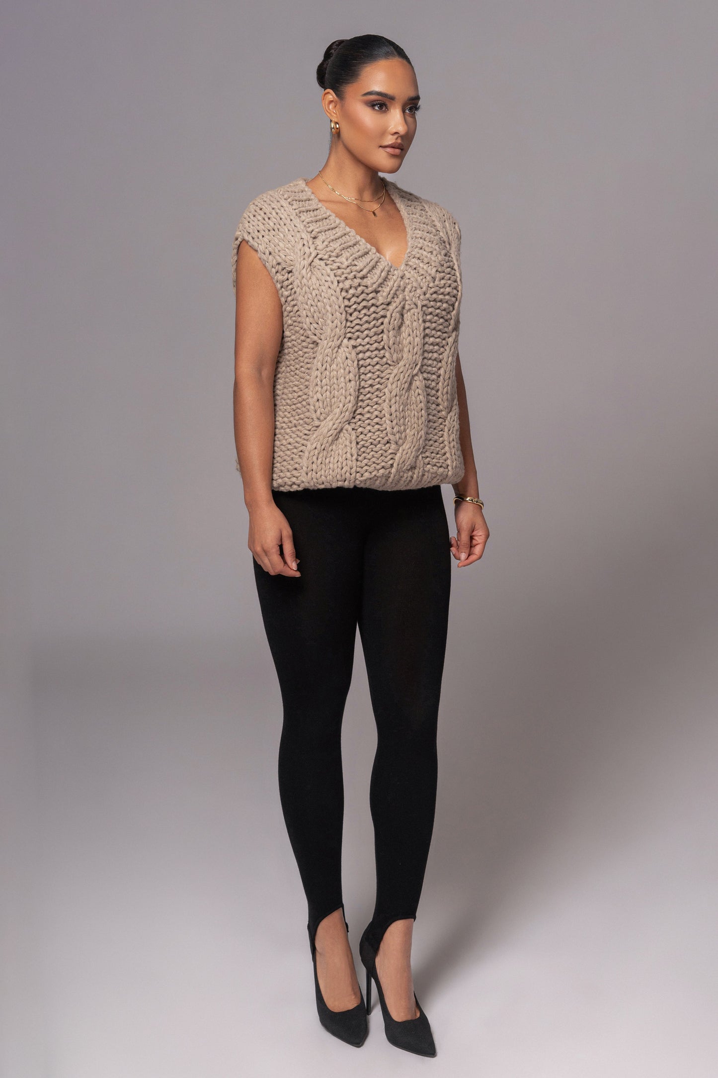 Taupe Mari Cable Knit Vest JLUXLABEL