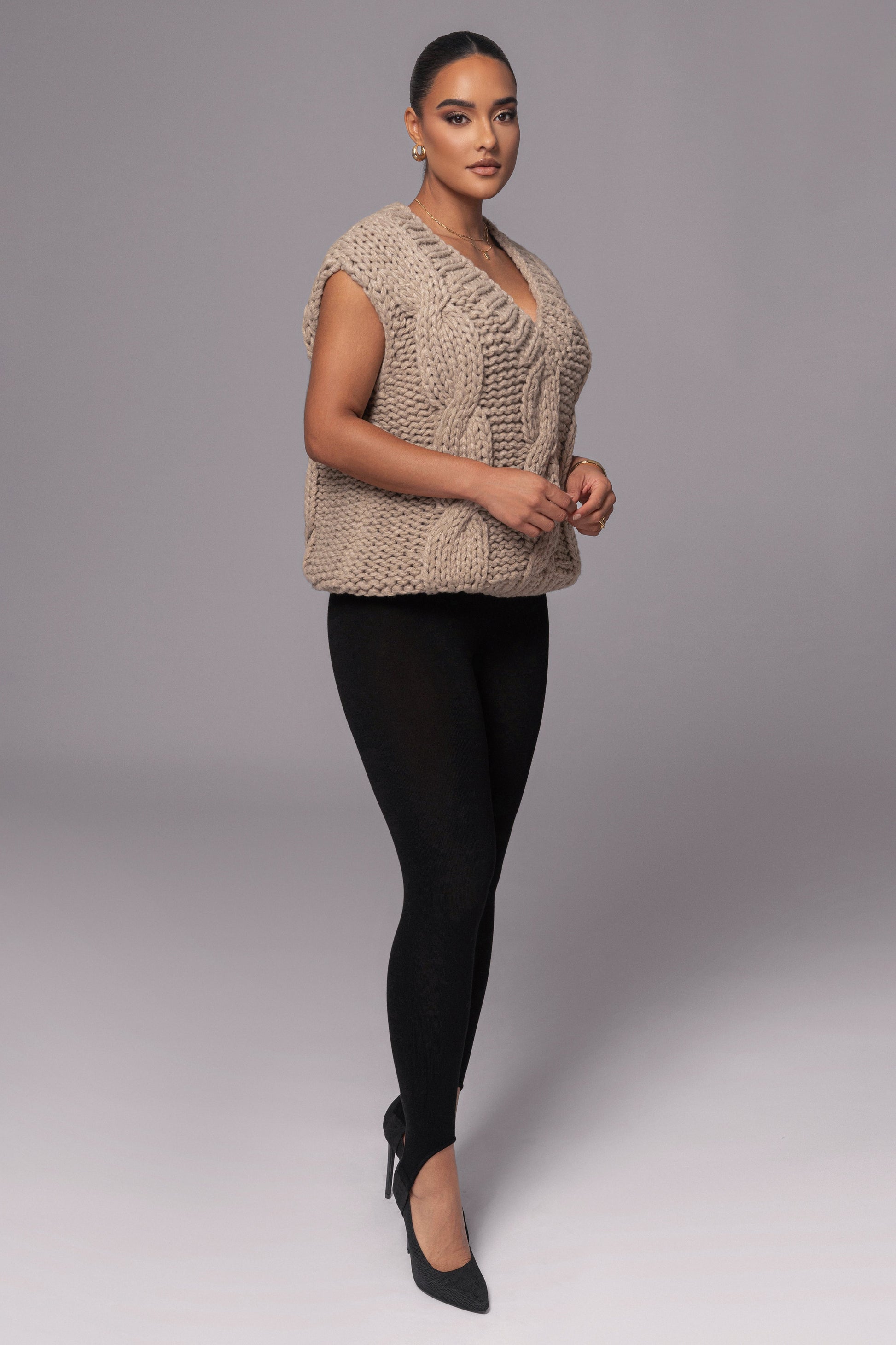 Taupe Mari Cable Knit Vest JLUXLABEL
