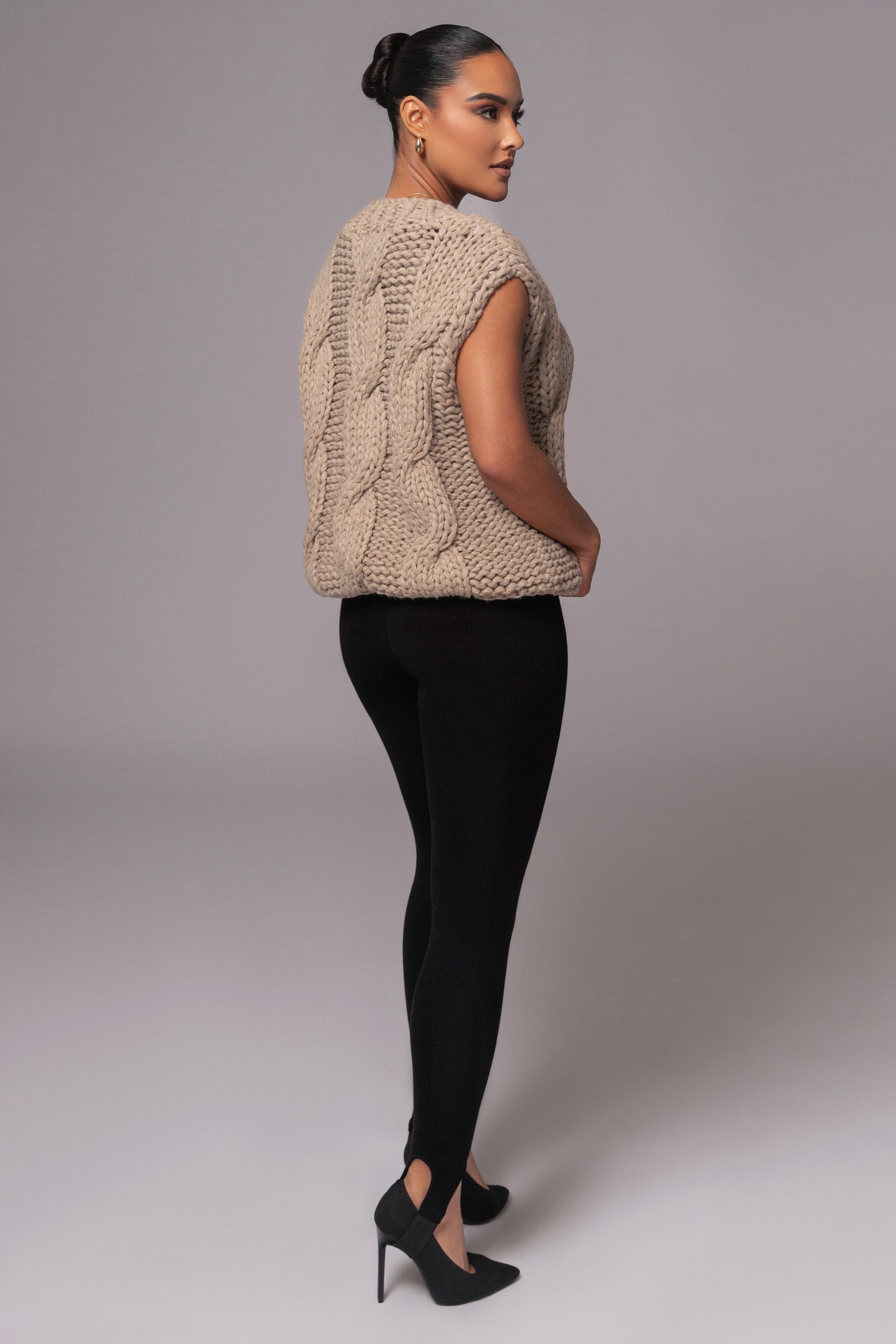Taupe Mari Cable Knit Vest JLUXLABEL