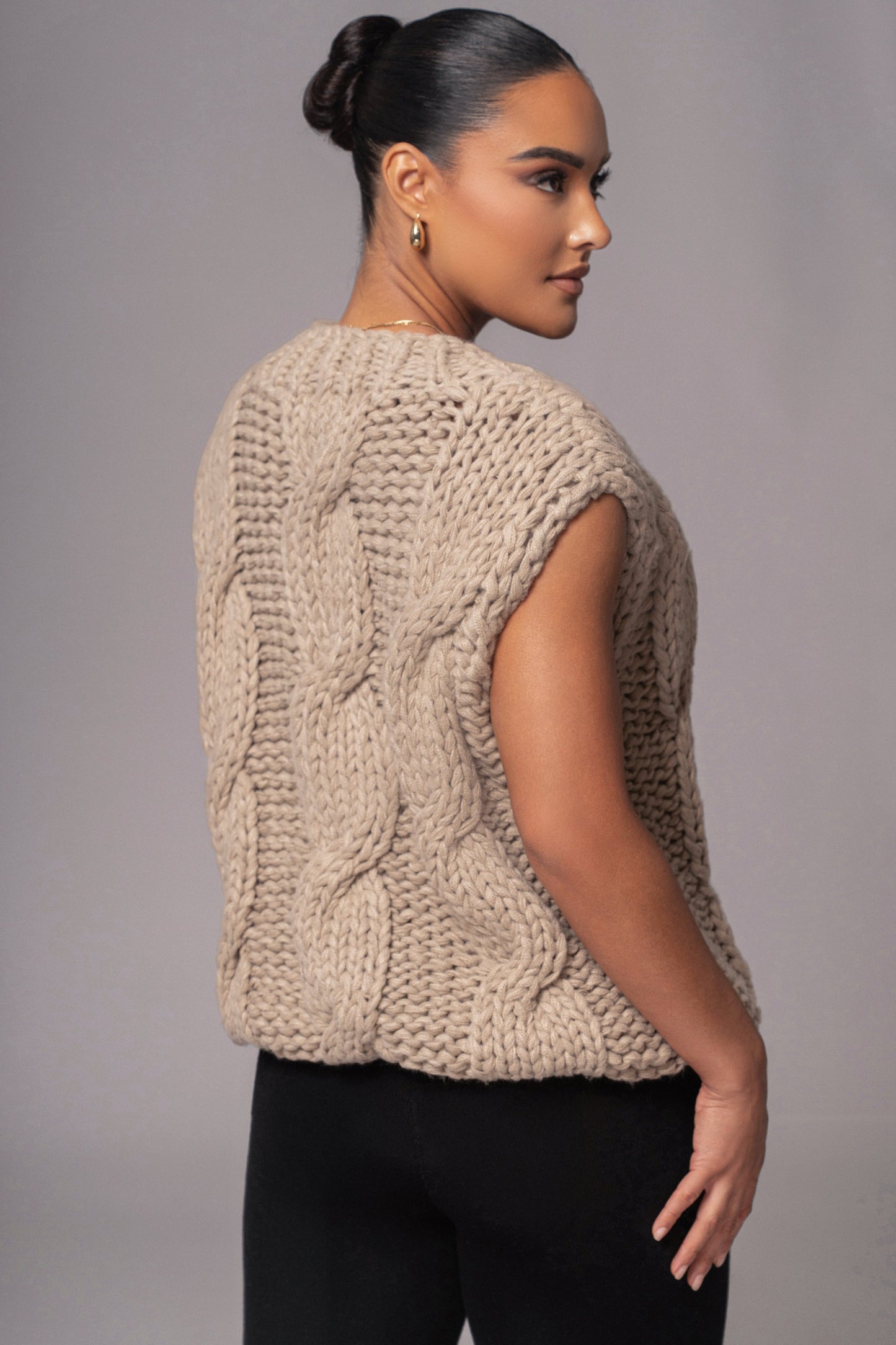 Taupe Mari Cable Knit Vest JLUXLABEL