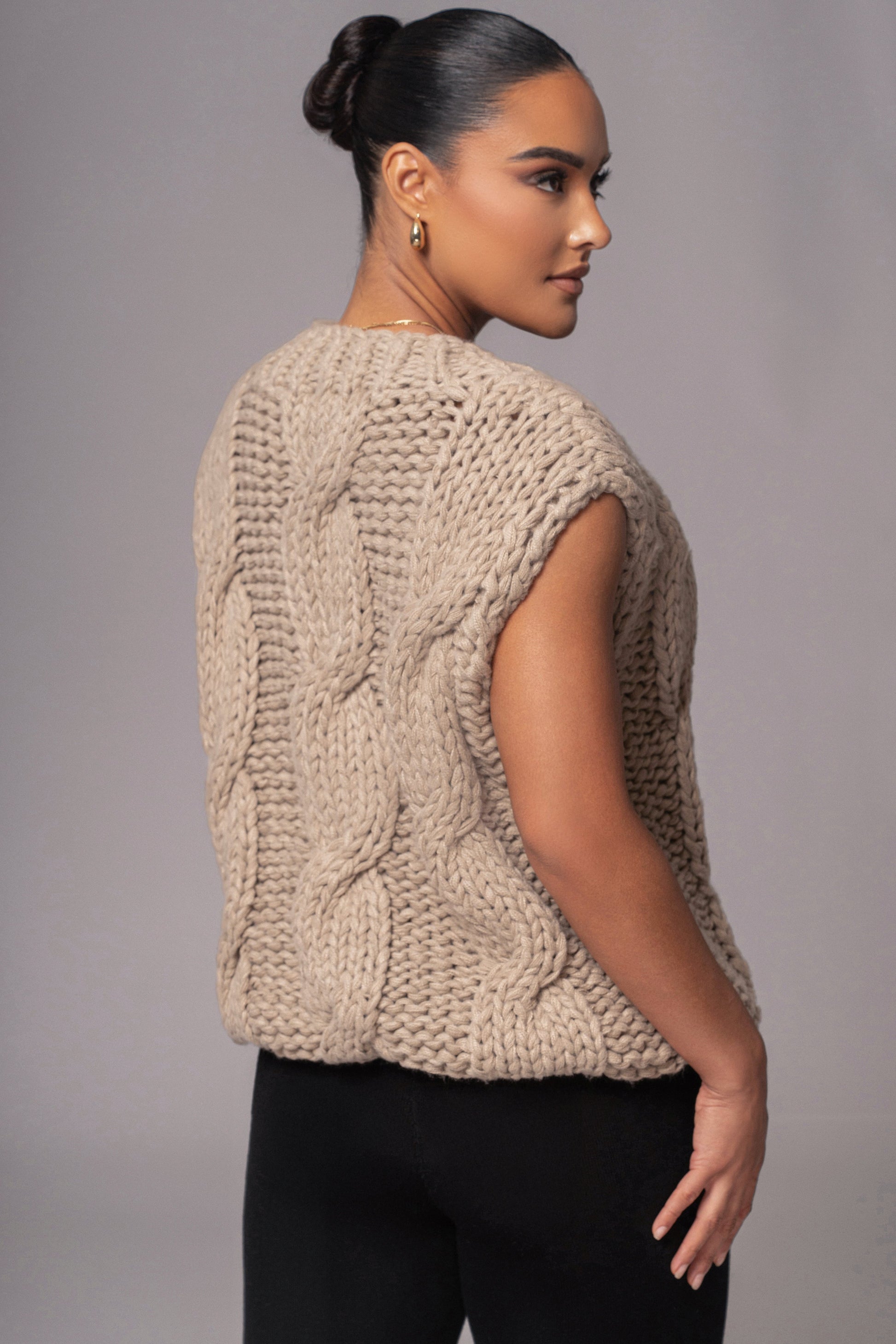 Taupe Mari Cable Knit Vest JLUXLABEL