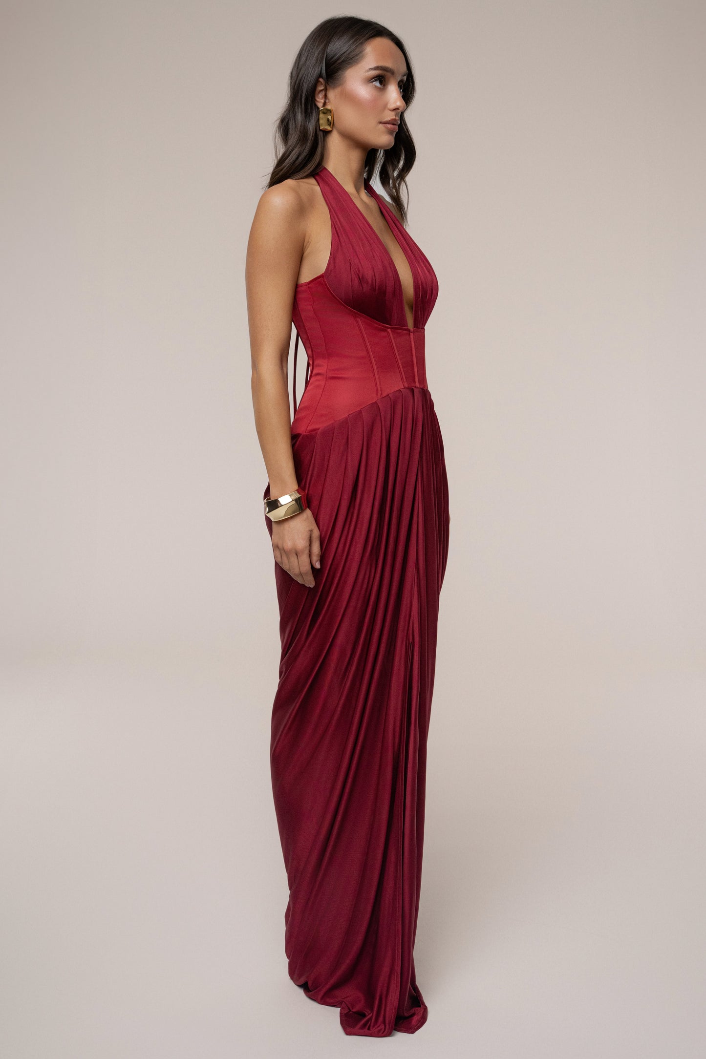 Burgundy Drape And Destiny Maxi Dress JLUXLABEL