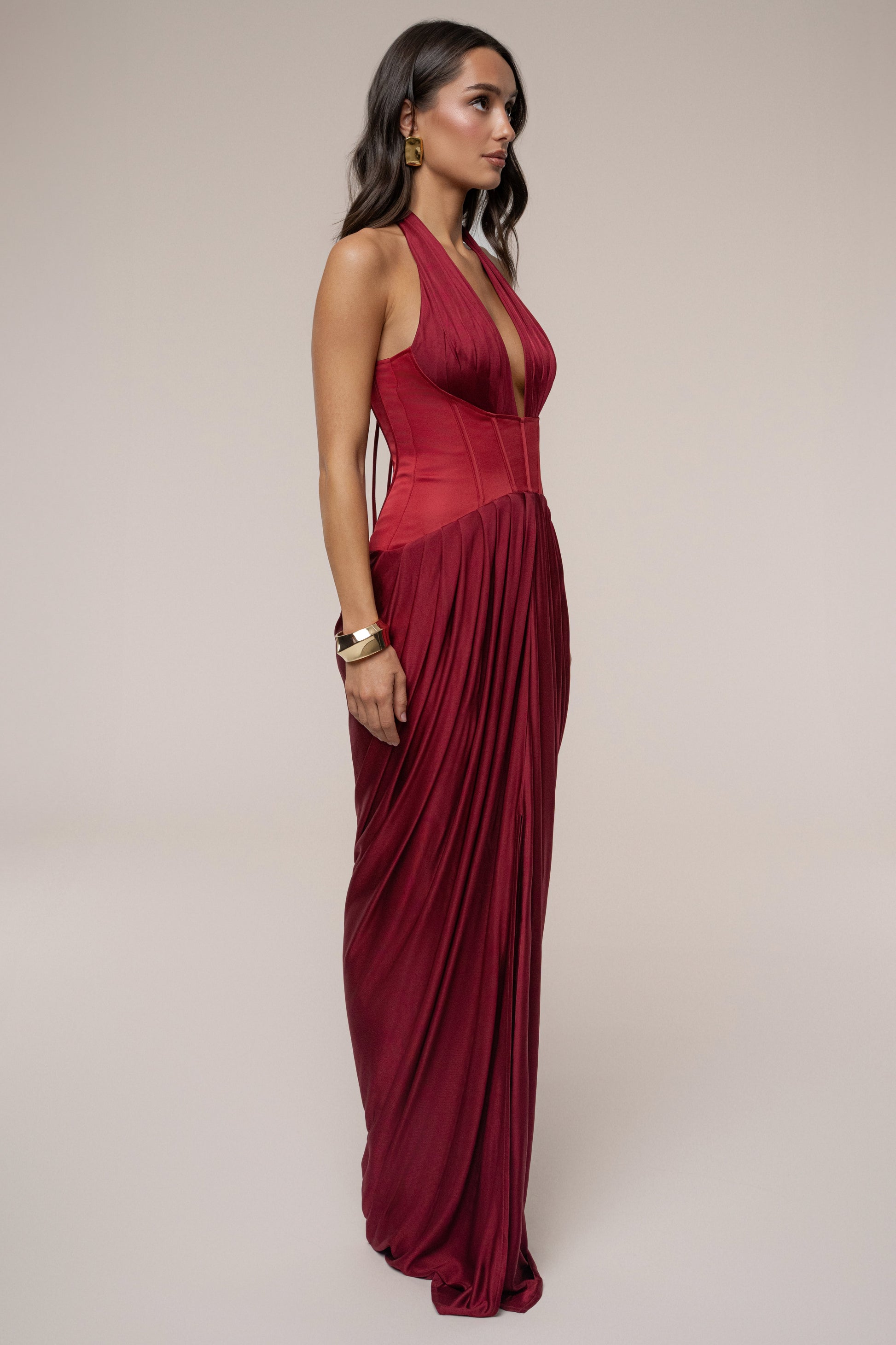 Burgundy Drape And Destiny Maxi Dress JLUXLABEL