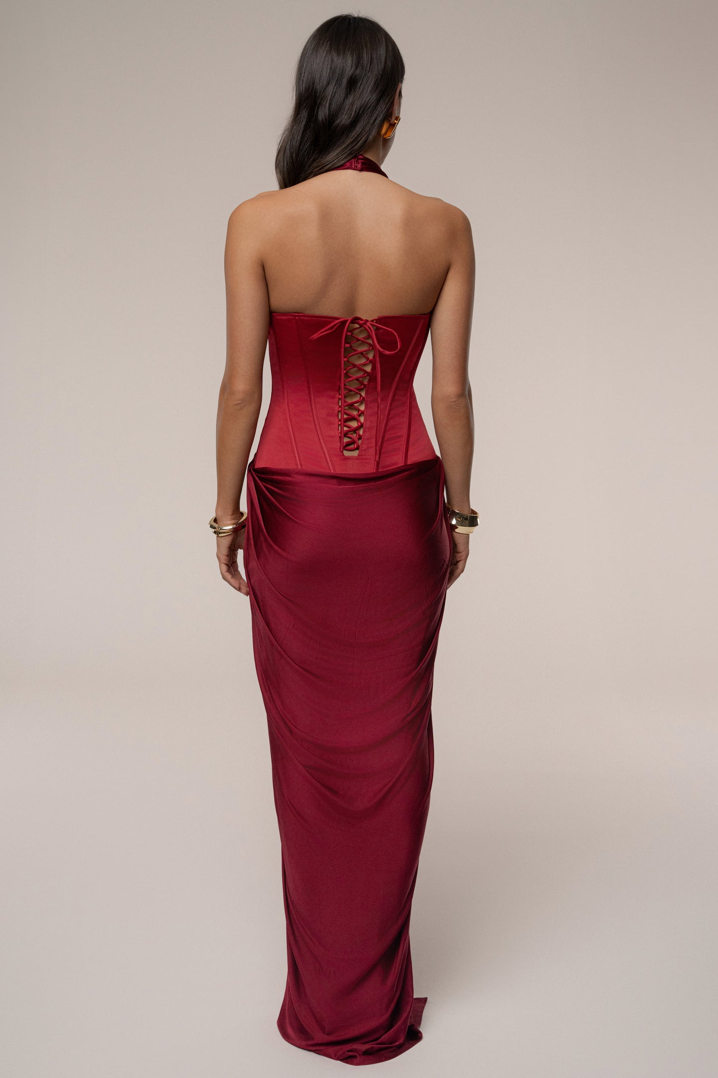 Burgundy Drape And Destiny Maxi Dress JLUXLABEL