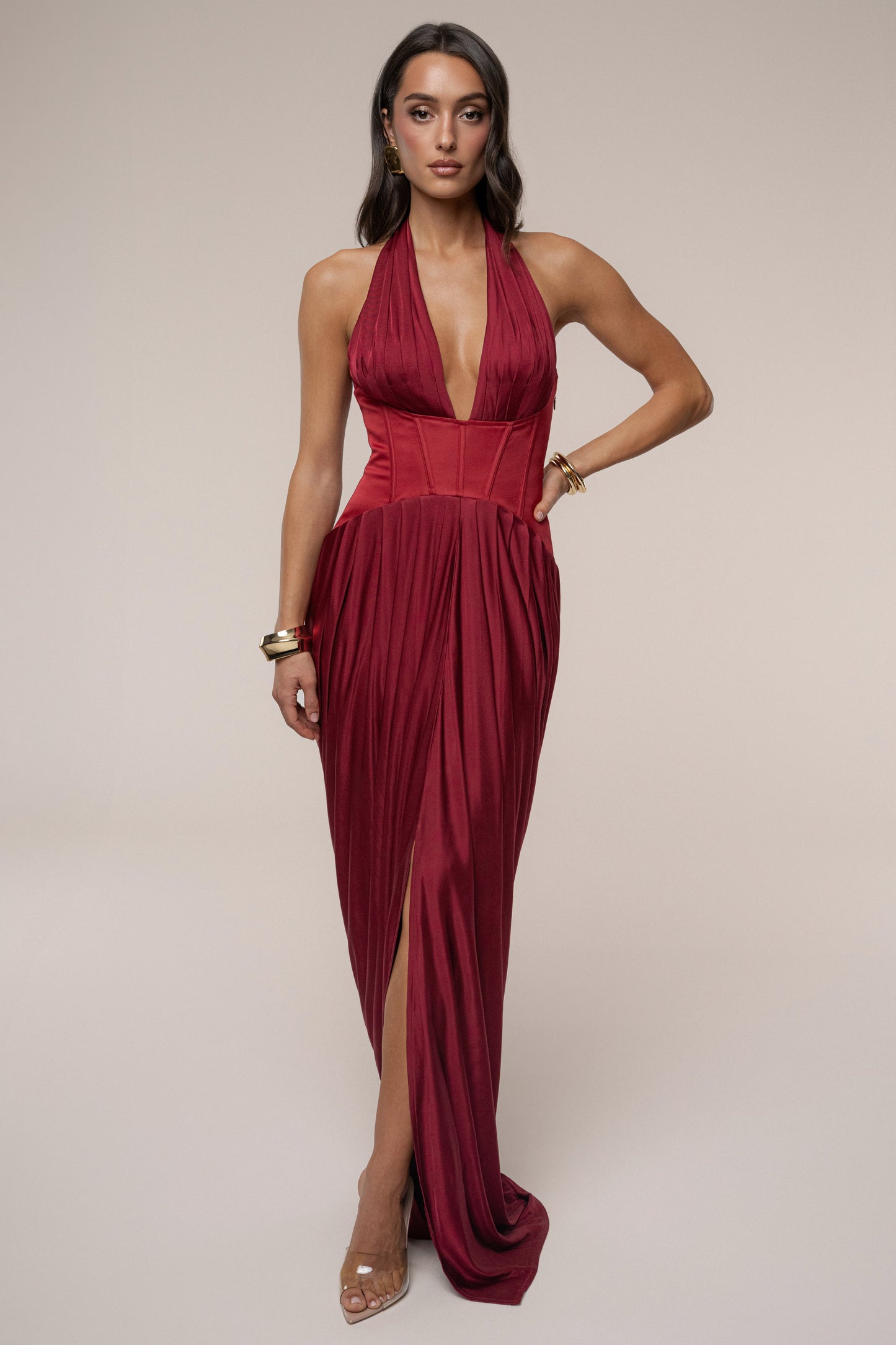 Burgundy Drape And Destiny Maxi Dress JLUXLABEL