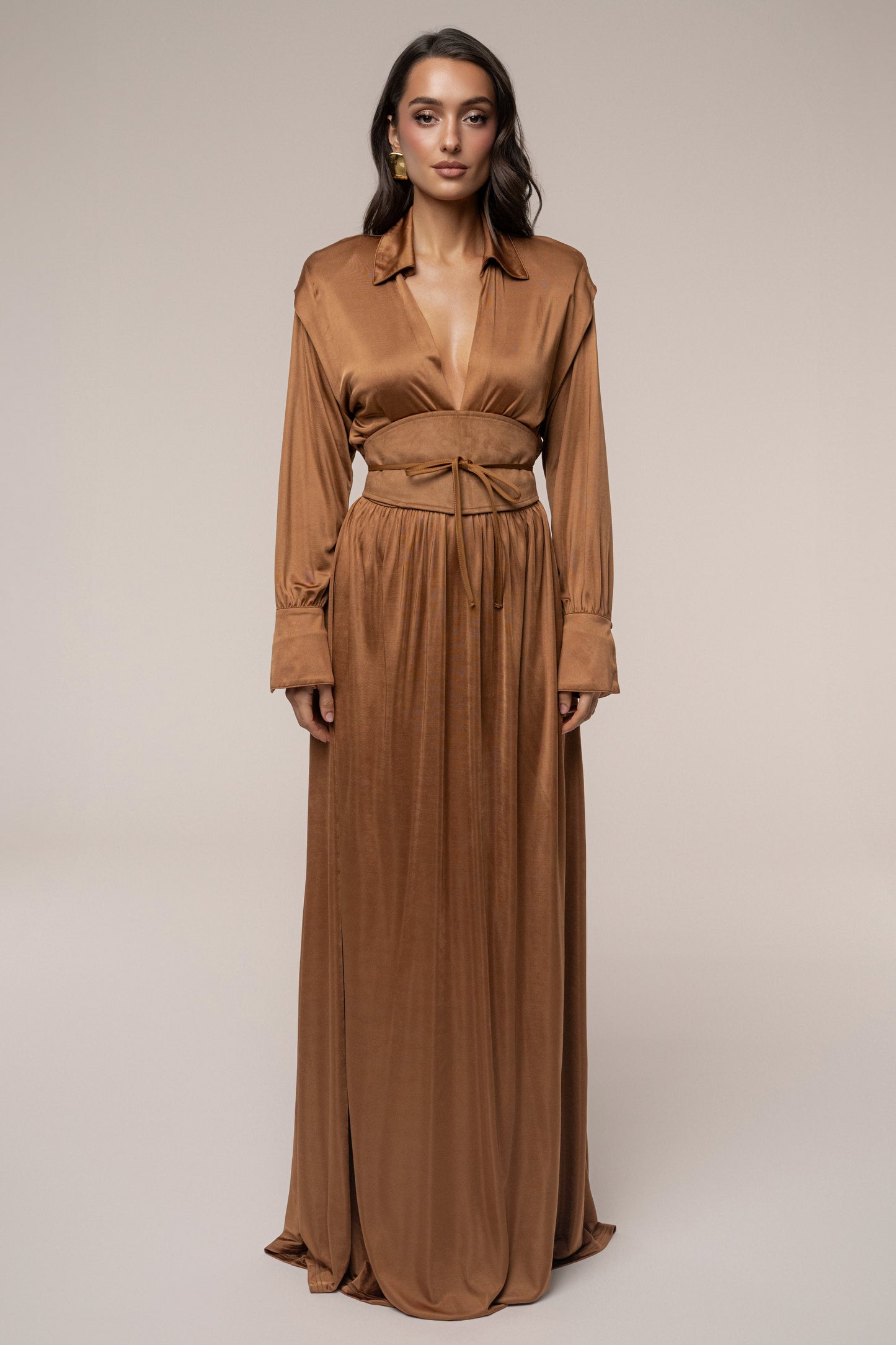 Tan High Line Collar Maxi Dress JLUXLABEL