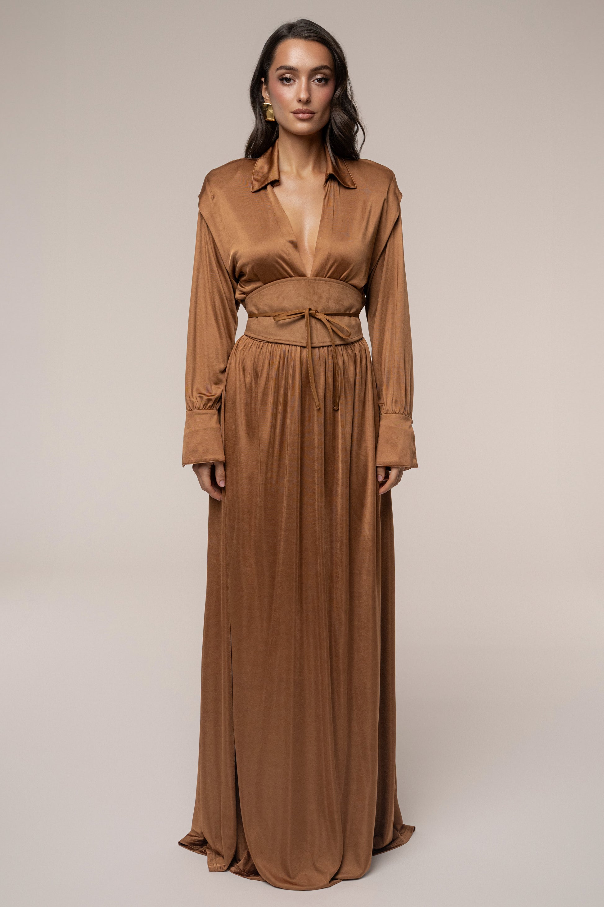 Tan High Line Collar Maxi Dress JLUXLABEL