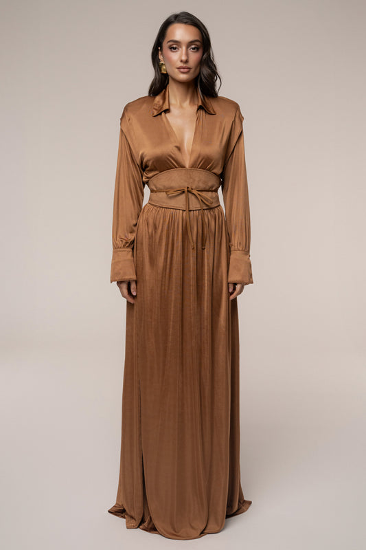 Tan High Line Collar Maxi Dress JLUXLABEL
