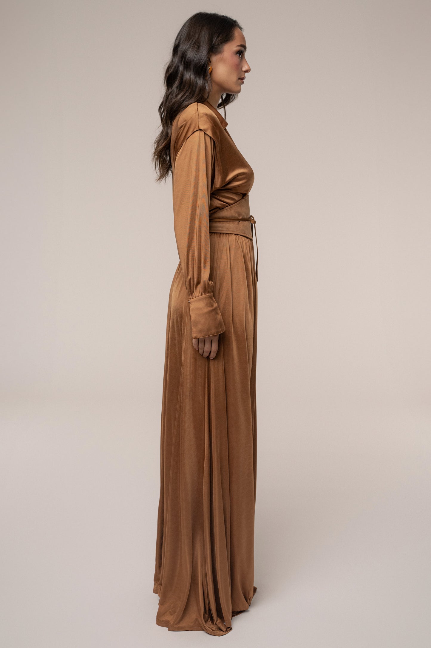 Tan High Line Collar Maxi Dress JLUXLABEL