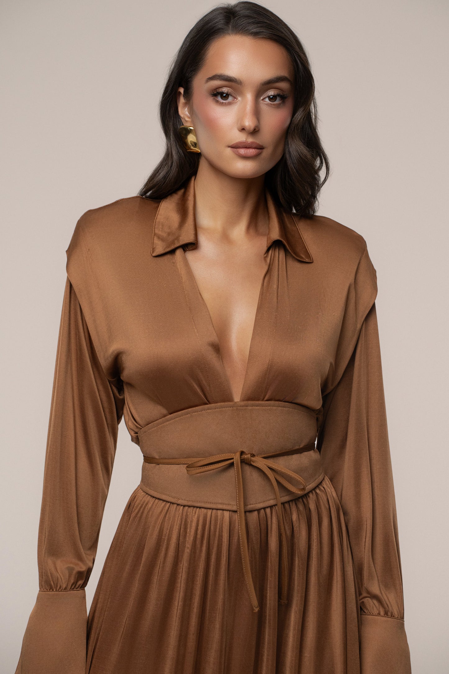 Tan High Line Collar Maxi Dress JLUXLABEL