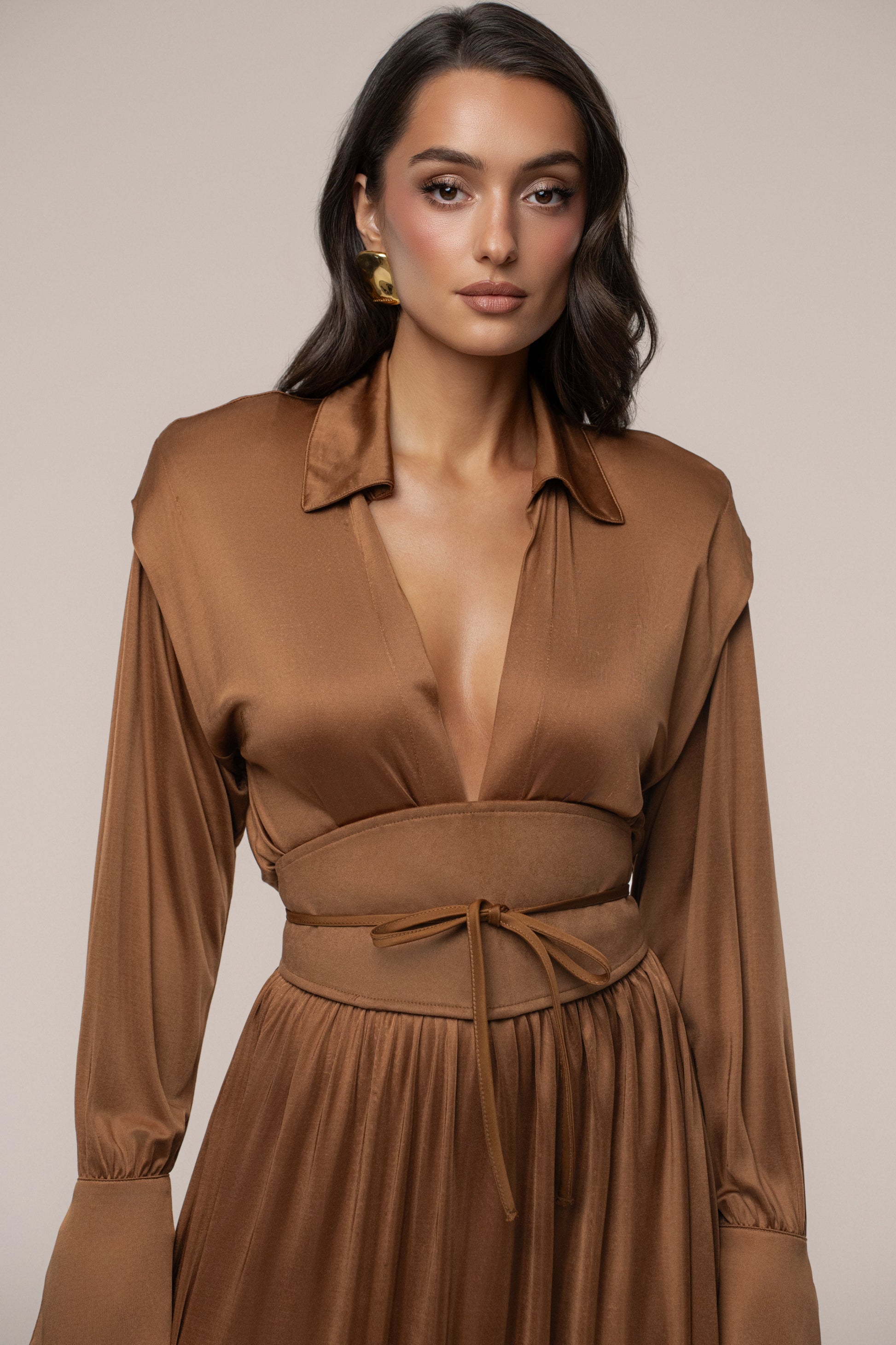 Tan High Line Collar Maxi Dress JLUXLABEL