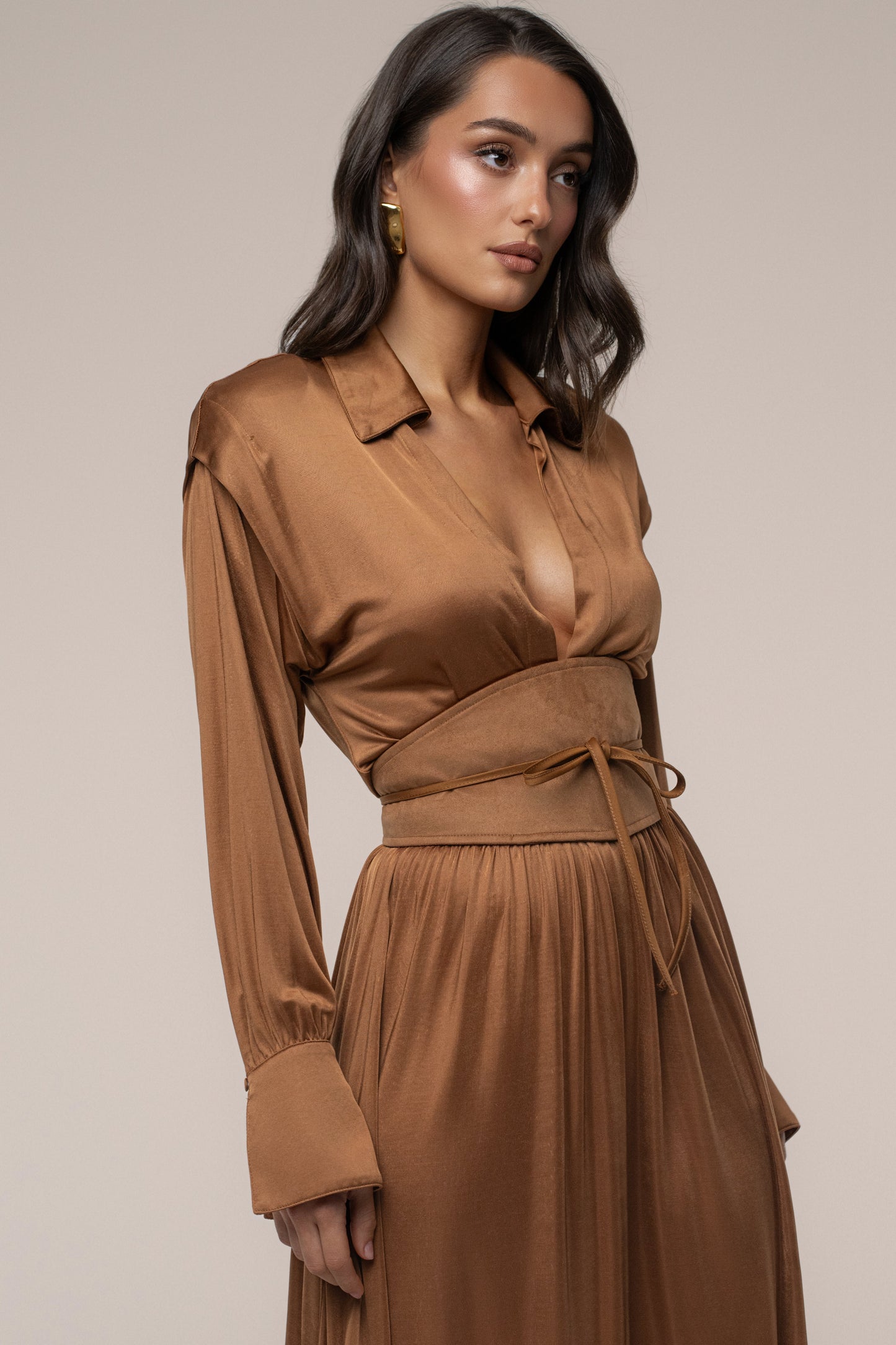 Tan High Line Collar Maxi Dress JLUXLABEL