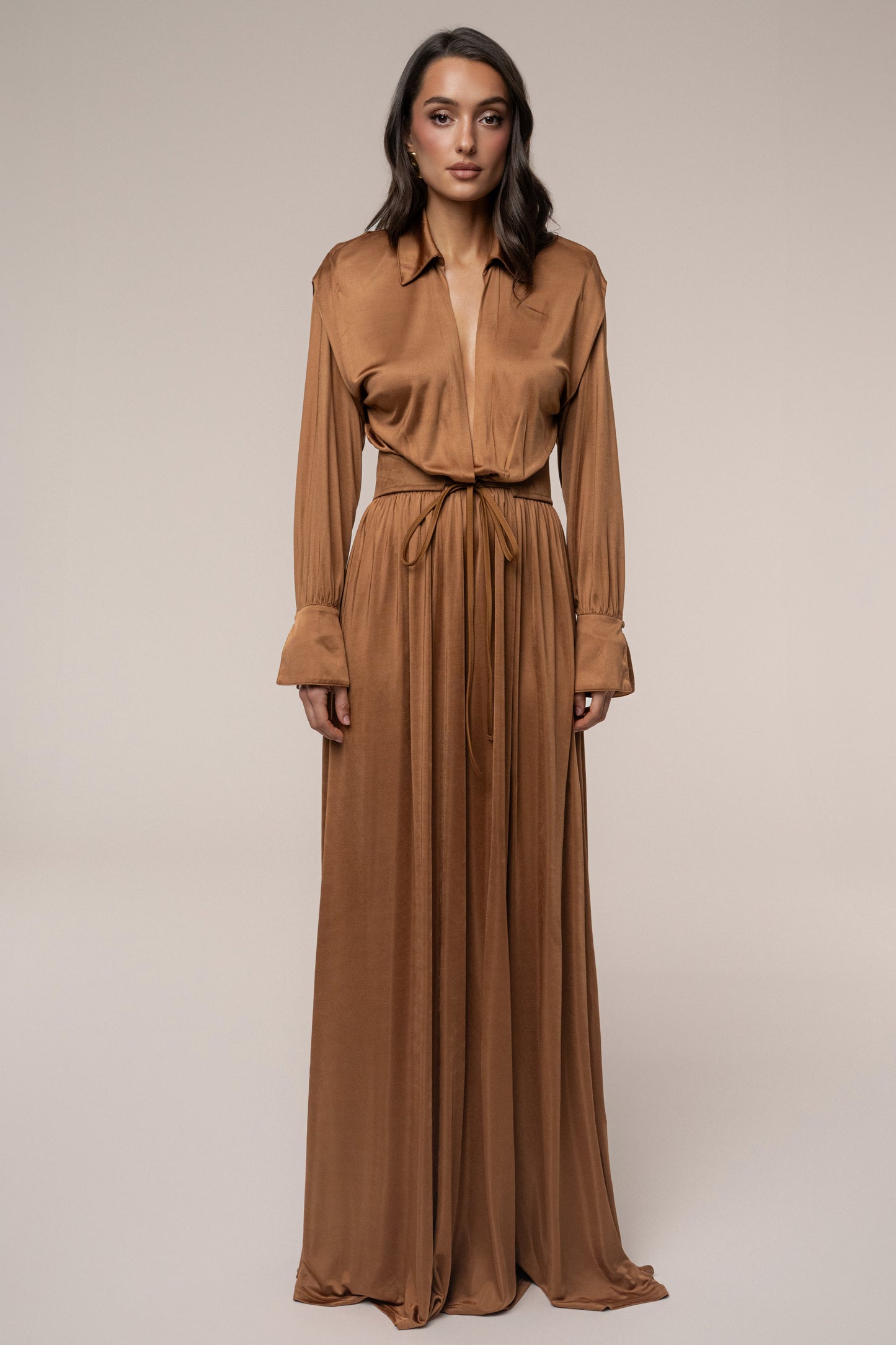 Tan High Line Collar Maxi Dress JLUXLABEL
