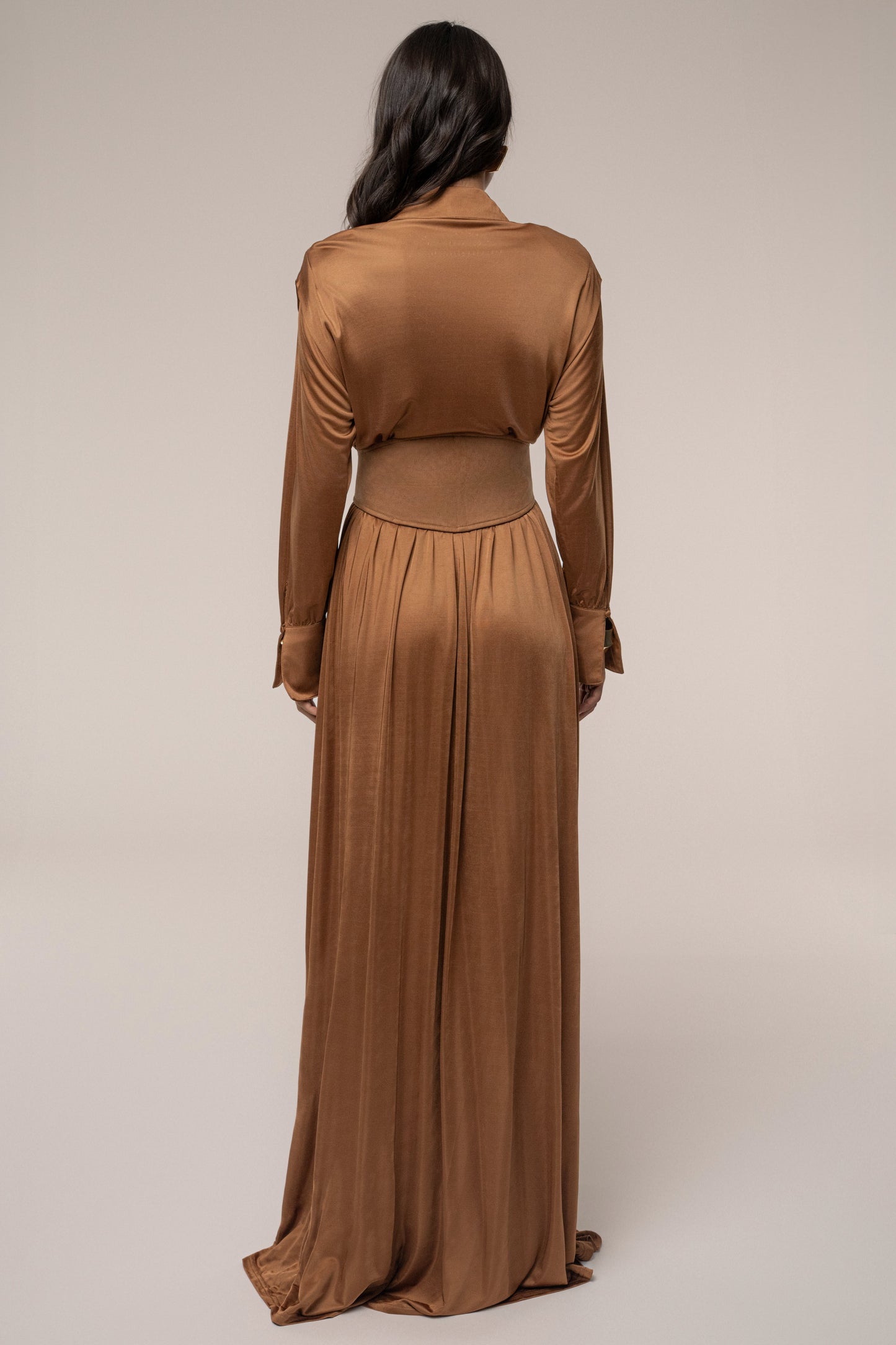 Tan High Line Collar Maxi Dress JLUXLABEL