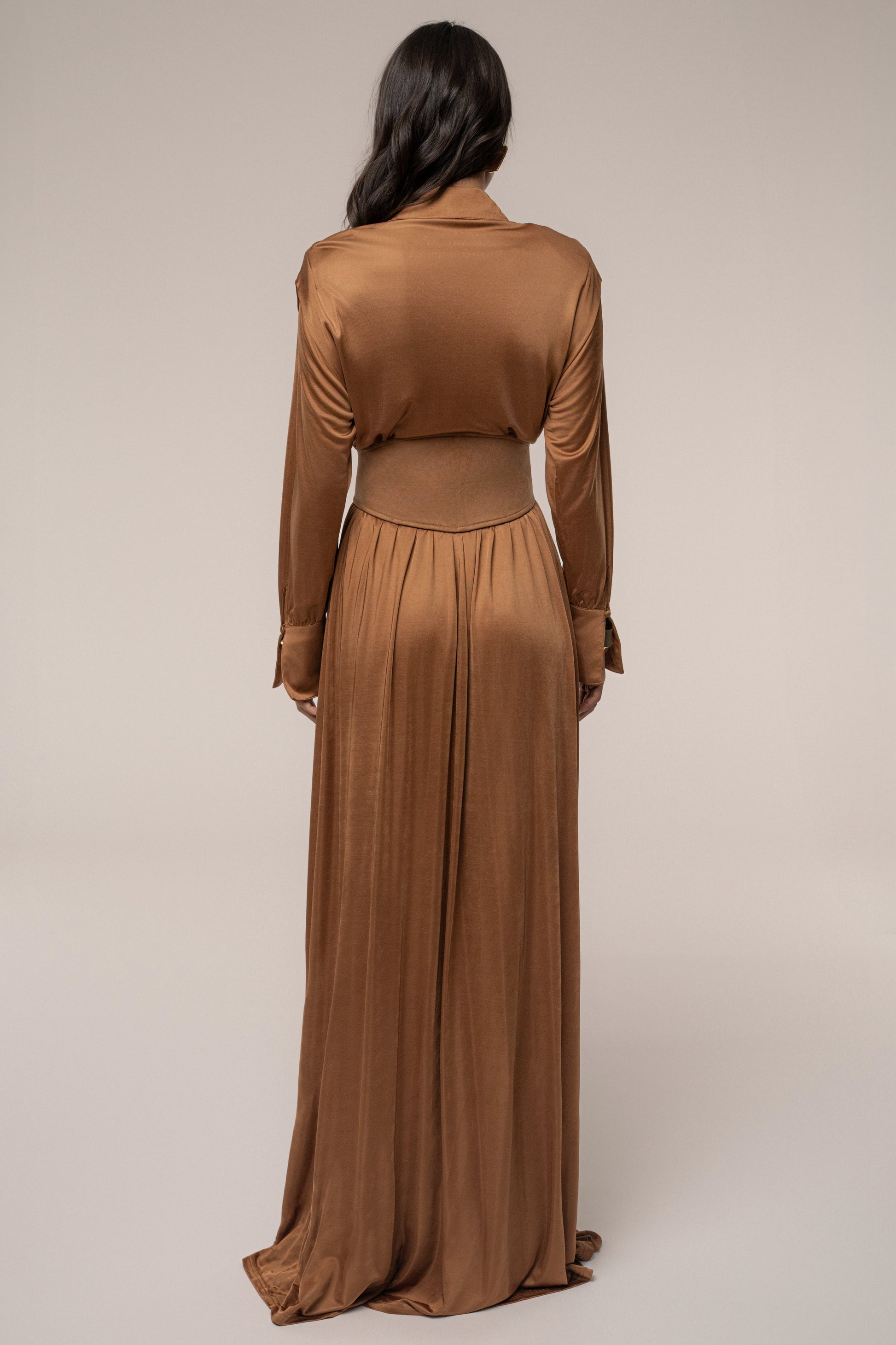 Tan High Line Collar Maxi Dress JLUXLABEL