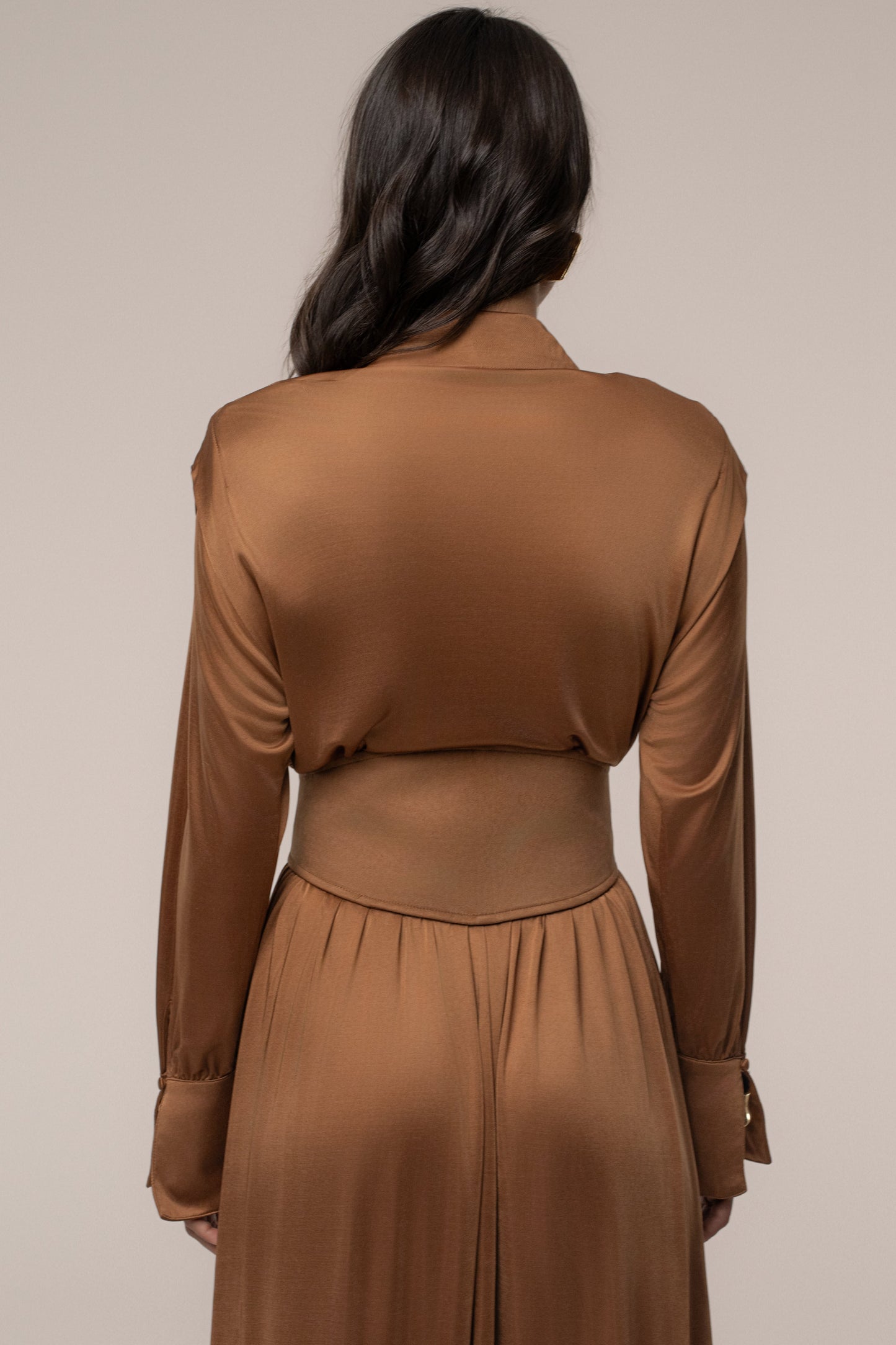 Tan High Line Collar Maxi Dress JLUXLABEL