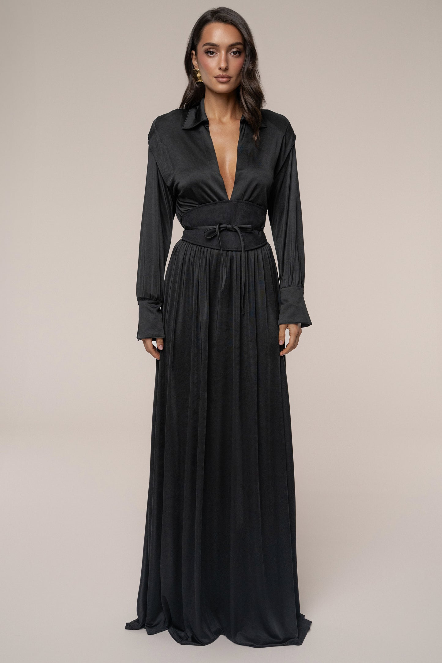Black High Line Collar Maxi Dress JLUXLABEL