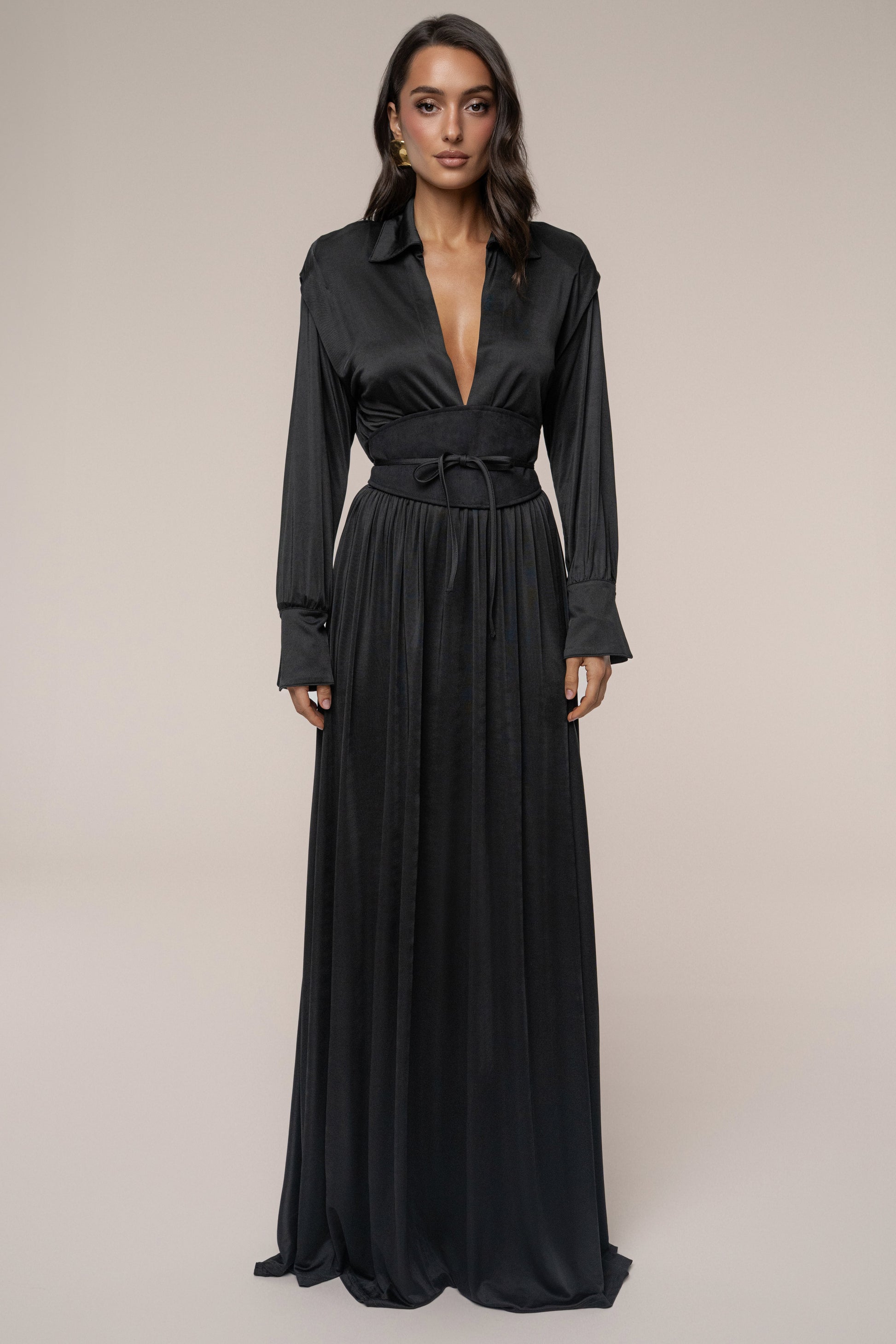 Black High Line Collar Maxi Dress JLUXLABEL