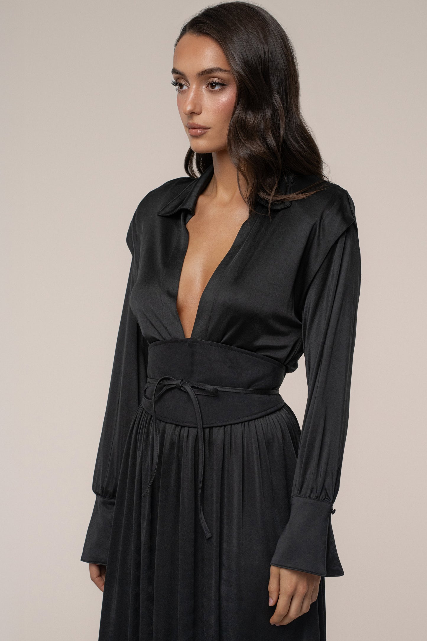 Black High Line Collar Maxi Dress JLUXLABEL