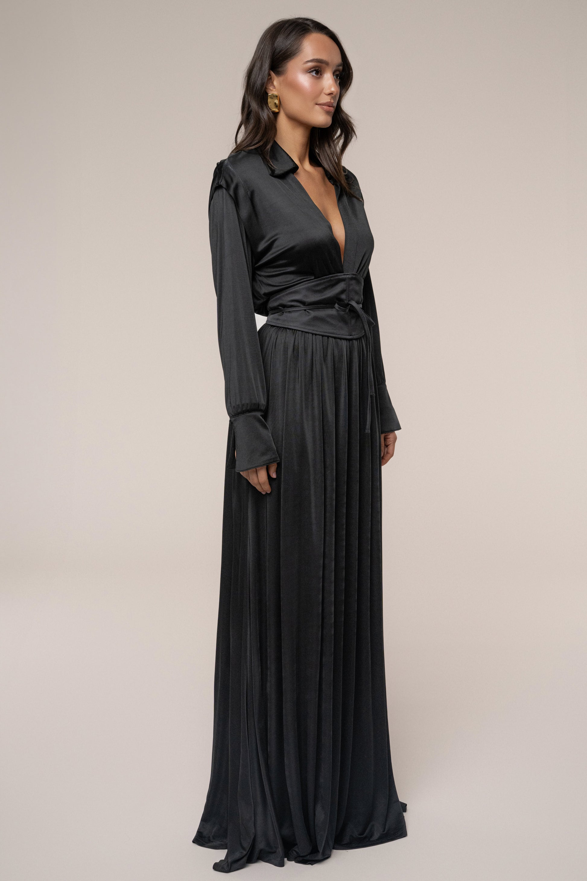 Black High Line Collar Maxi Dress JLUXLABEL