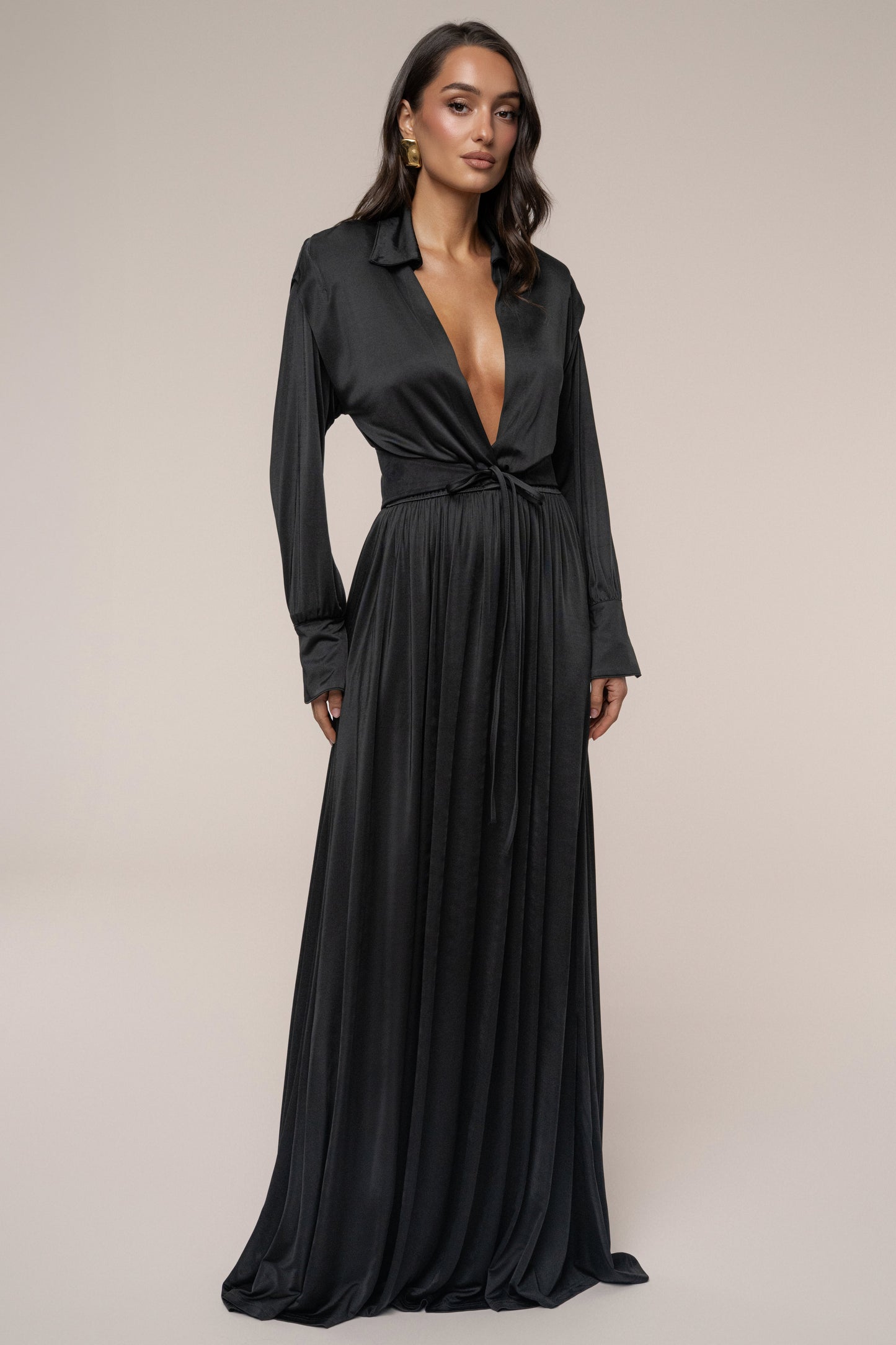 Black High Line Collar Maxi Dress JLUXLABEL