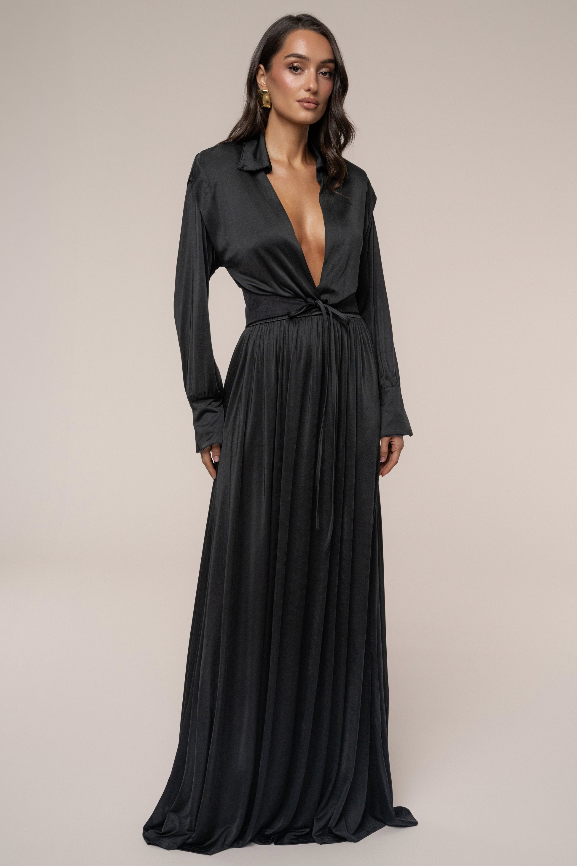 Black High Line Collar Maxi Dress JLUXLABEL