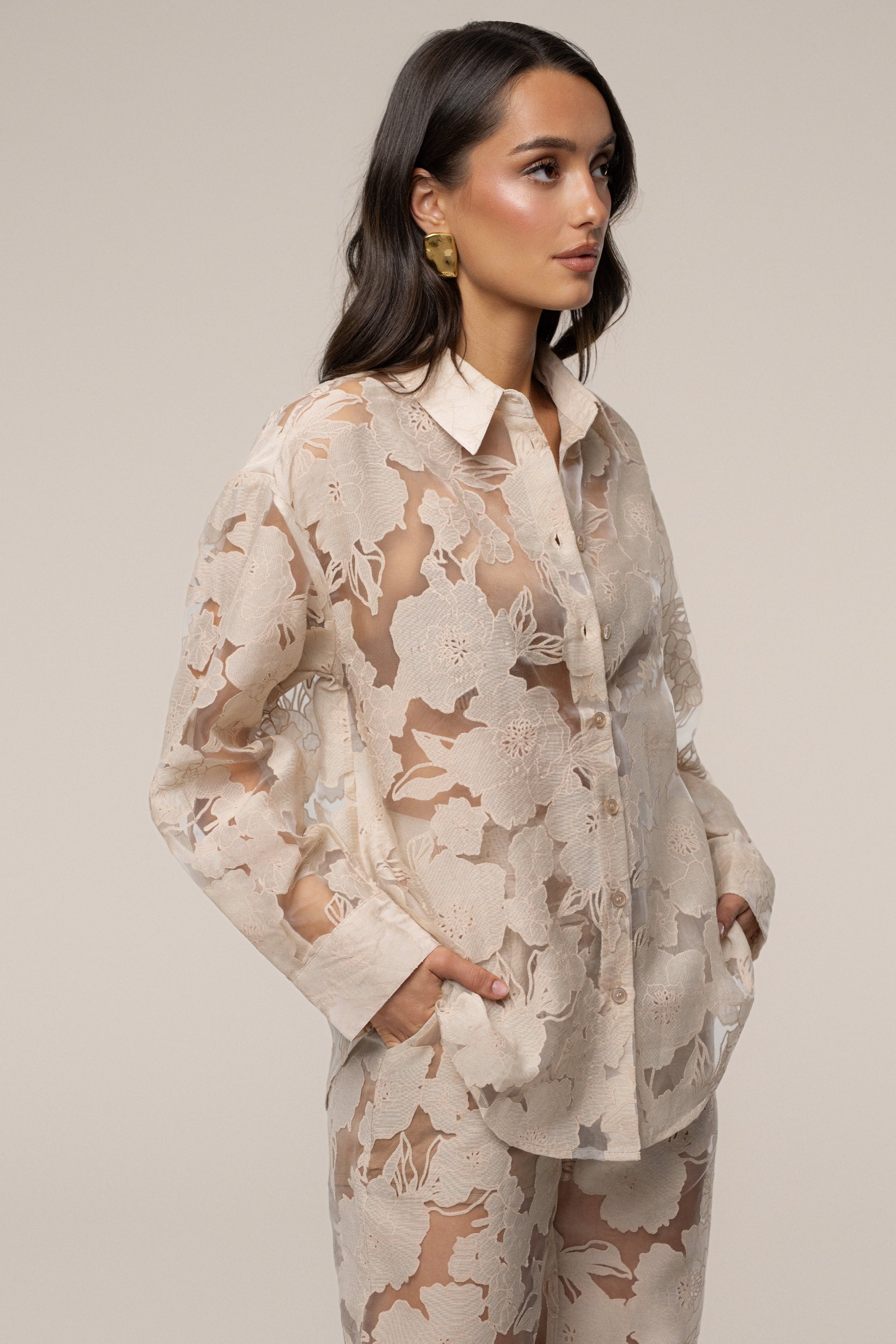 PRE-ORDER Beige Organza Floral Blouse NEWFASHIONEDGE