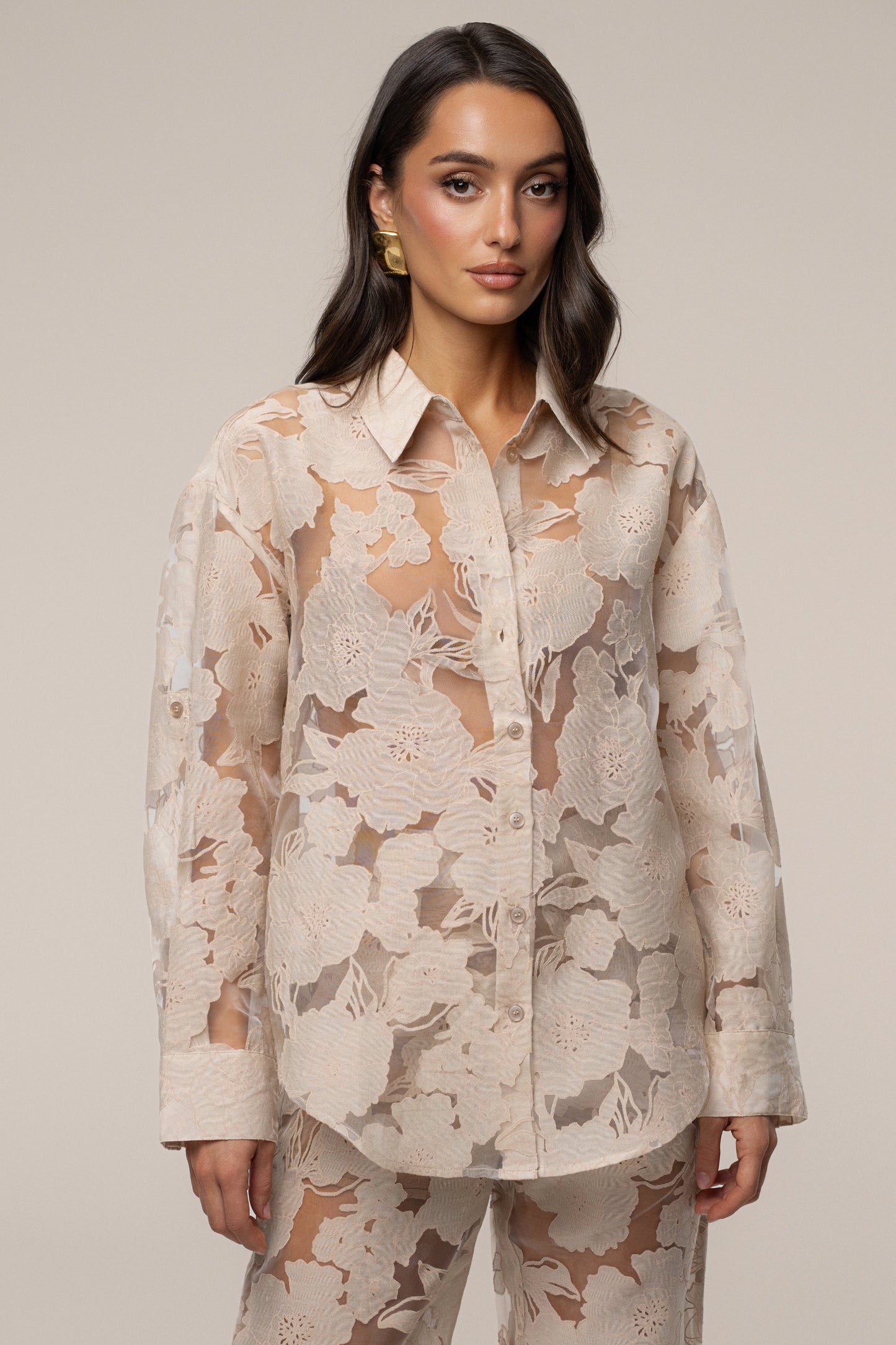 PRE-ORDER Beige Organza Floral Blouse NEWFASHIONEDGE