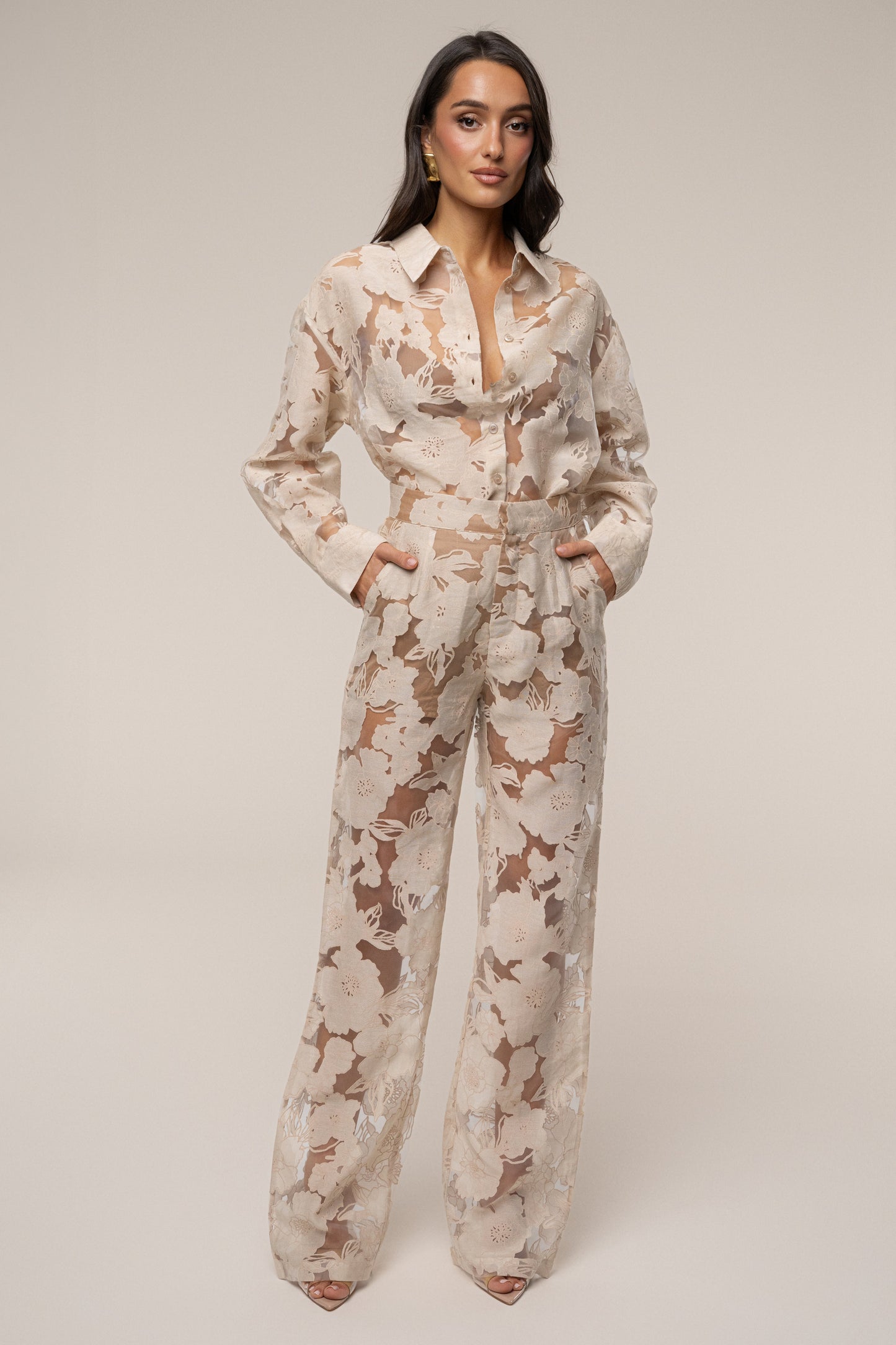 PRE-ORDER Beige Organza Floral Pant NEWFASHIONEDGE